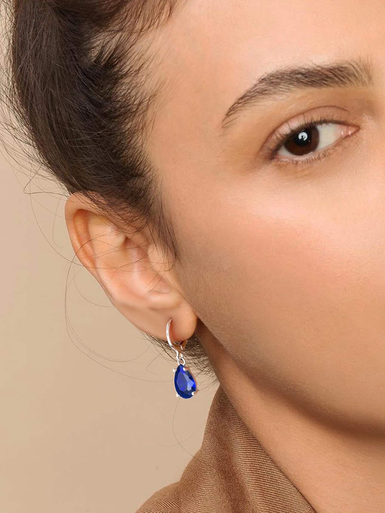 Bestyle 925 Sterling Silver September Birthstone Hoop Dangle Earrings - Clear Created Rectangle Sapphire Crystal Drop Blue Earrings - Trendy Cute Women's Small Hoop CZ Dangle Earrings