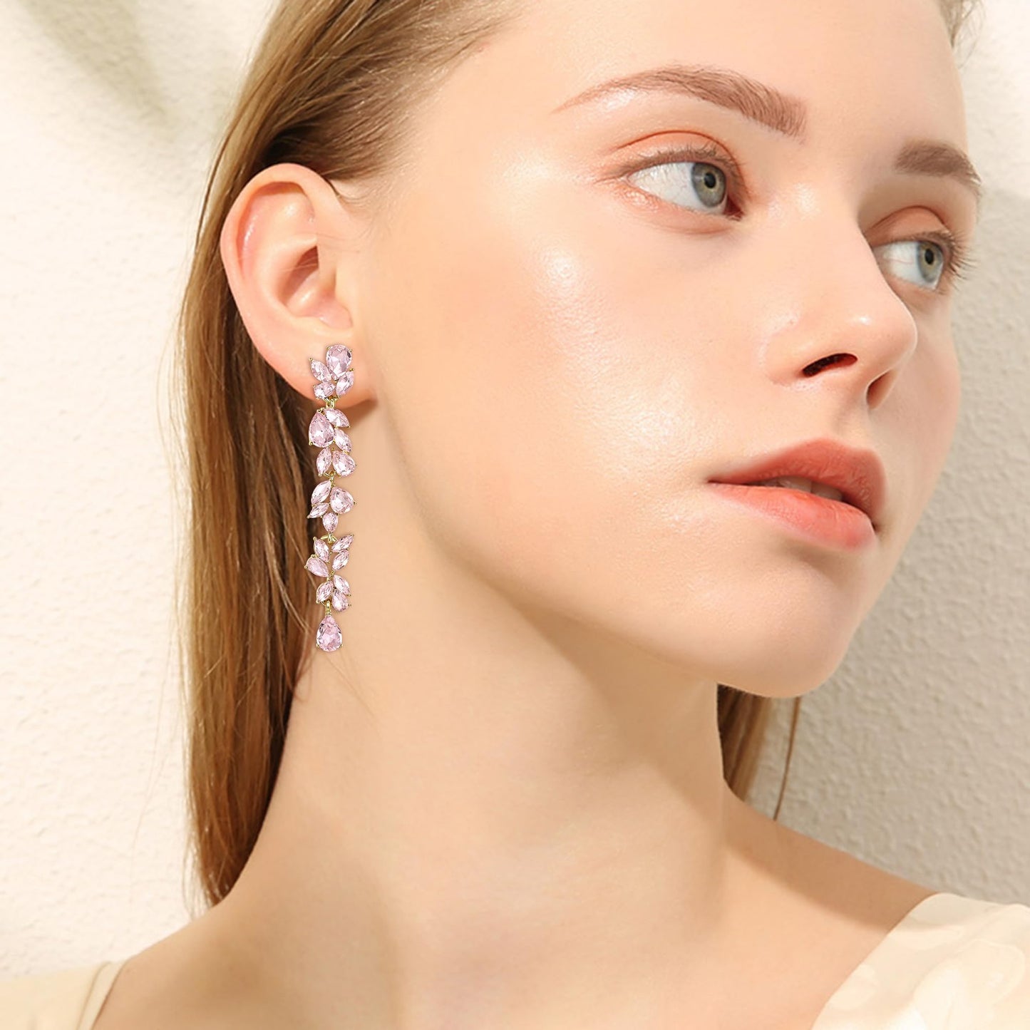 EVER FAITH Wedding Rhinestone Crystal Chandelier Dangle Earrings for Women Brides, Art Deco Marquise Teardrop Bridal Long Drop Earring for Prom Pink