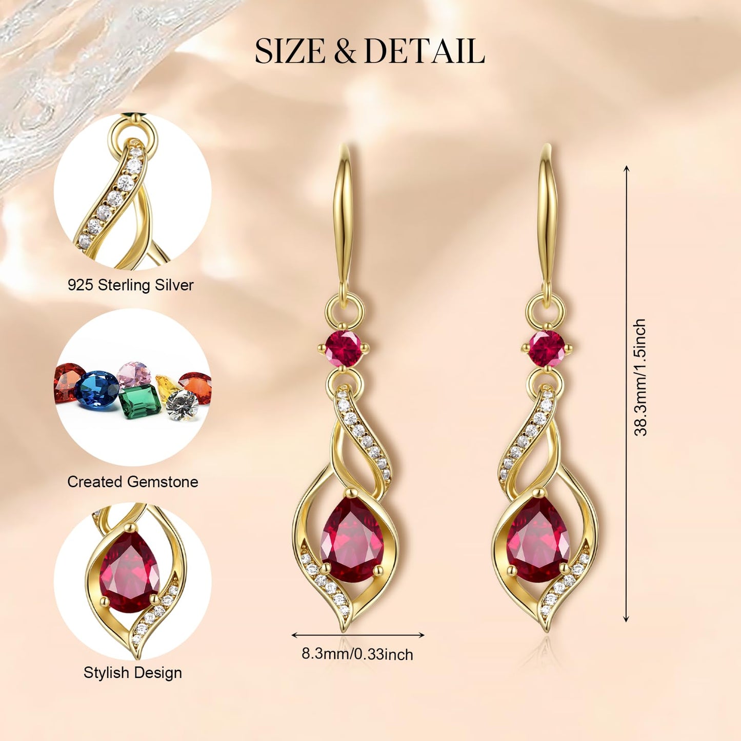 FANCIME 14K Gold Plated July Birthstone Dangle Earrings for Women Teardrop Ruby Earrings S925 Sterling Silver infinity Love Birthday Gifts for Mom Women
