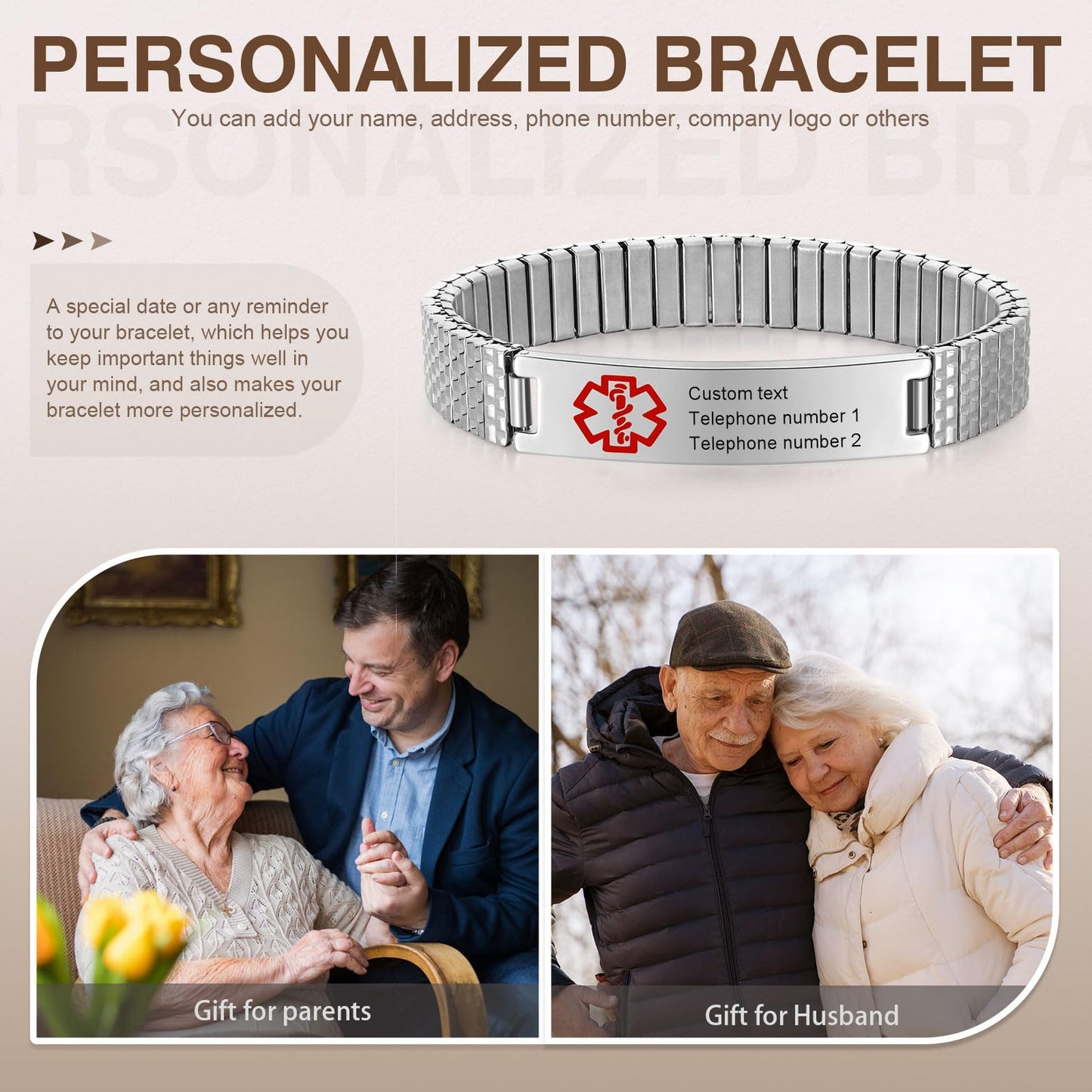 Personalized Medical ID Bracelets for Men - Custom Emergency Alert Bracelet for Women Engraved Medic Info Elastic Stainless Steel Bracelets for Family Autism Allergy Diabetic Epilepsy (Silver, 18cm)