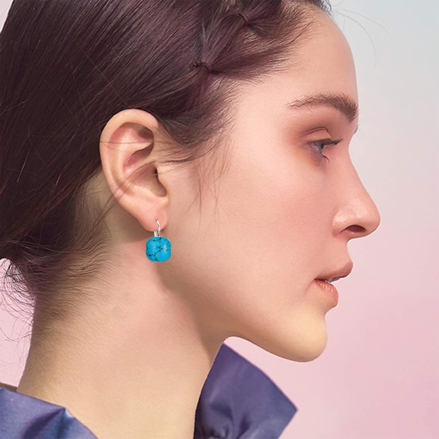 AOBOCO Sterling Silver Leverback Earrings Embellished with Crystals from Austria, Hypoallergenic Cushion Cut Square Crystal Earrings, Fine Anniversary Birthday Jewelry Gifts for Women (Blue turquoise)