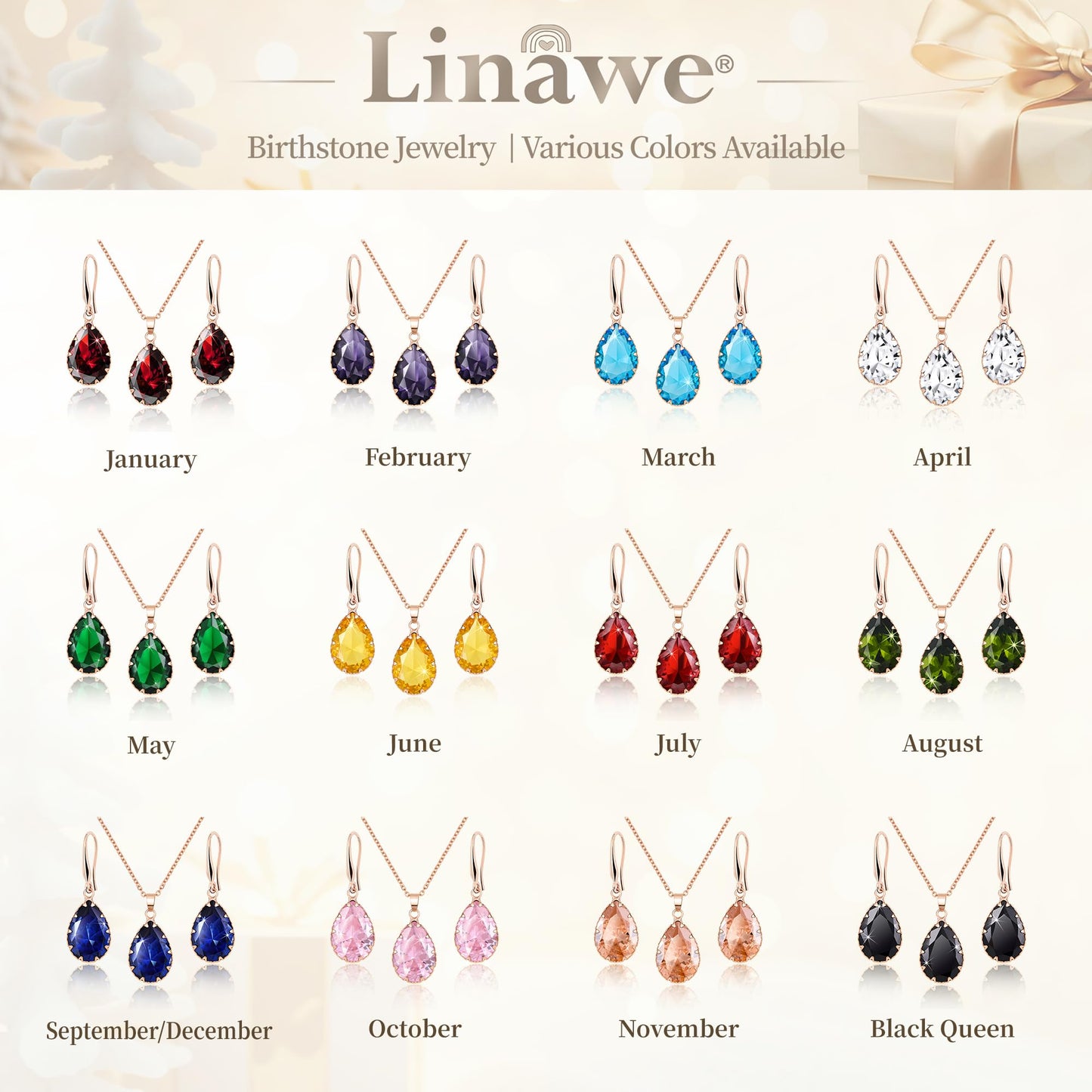 Linawe Lab Created Garnet Ruby Crystal Wedding Jewelry Sets Rose Imitation Gold Plated, Imitation Diamond Pendant Necklace Set, Drop Dangle Red Earring Set, Teardrop Rhinestone Fake Birthstone Matching Jewelry for Women