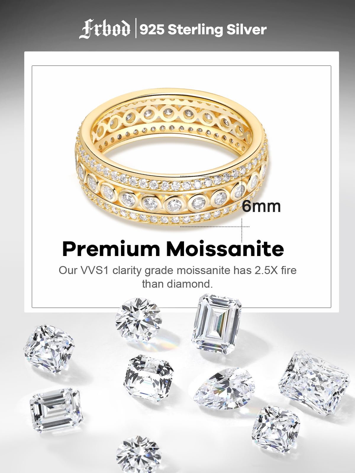 Frbod Eternity Diamond Band for Women Shinning Moissanite Wedding Rings Chunky Silver Gold Plated Ring Size 7