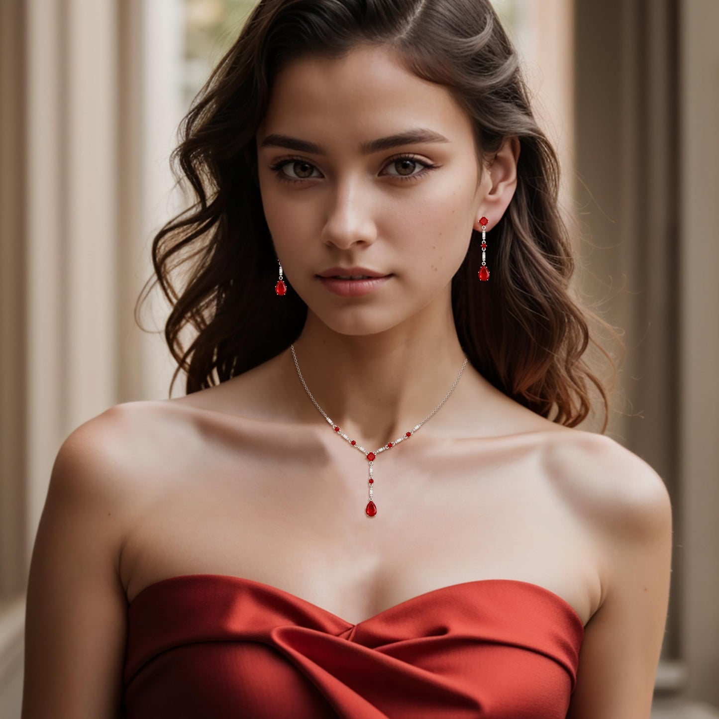 EVER FAITH Red Cubic Zirconia Jewelry Set Elegant Rhombic Birthstone Teardrop Wedding Prom Choker Necklace Dangle Earrings Sets for Women