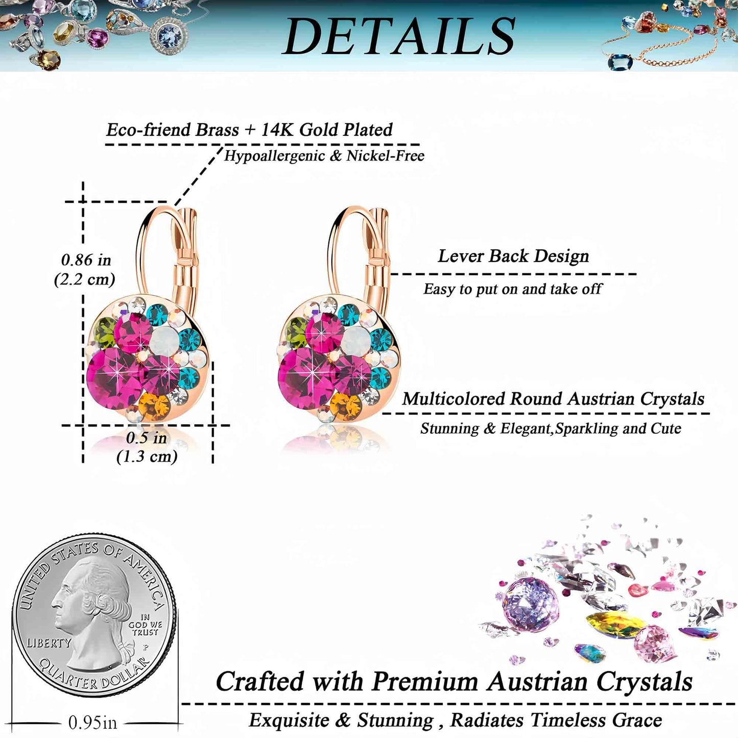Multicolored Austrian Crystal Drop Earrings for Women 14K Gold Plated Leverback Dangle Hoop Earrings (Rose Main Crystal/Rose Gold-tone)