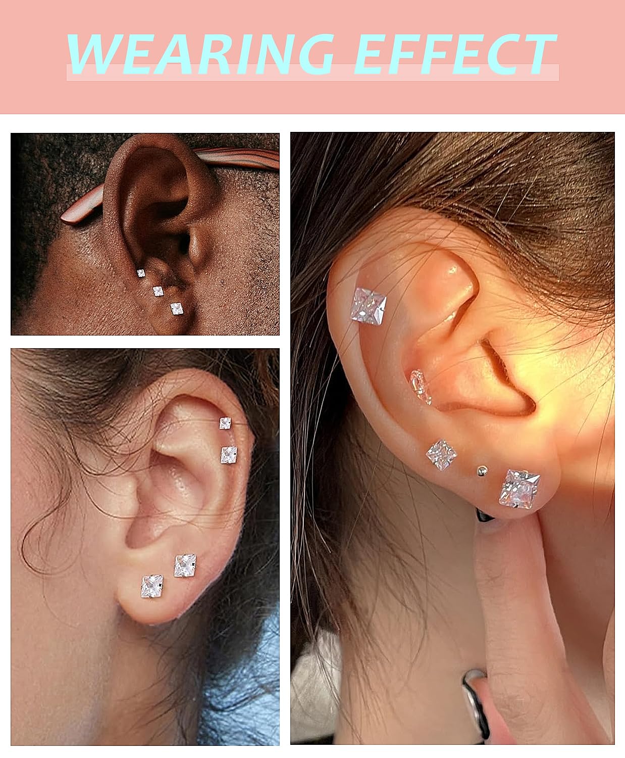 Princess Cut Square CZ Stud Earrings Flat Back, Screw Back Small Gold Clear Cubic Zirconia Studs Earrings Set for Women Men, Pack of 5 Pairs (3-4-5-6-7mm)