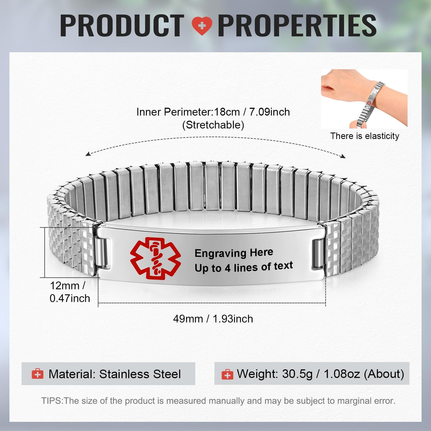 Personalized Medical ID Bracelets for Men - Custom Emergency Alert Bracelet for Women Engraved Medic Info Elastic Stainless Steel Bracelets for Family Autism Allergy Diabetic Epilepsy (Silver, 18cm)