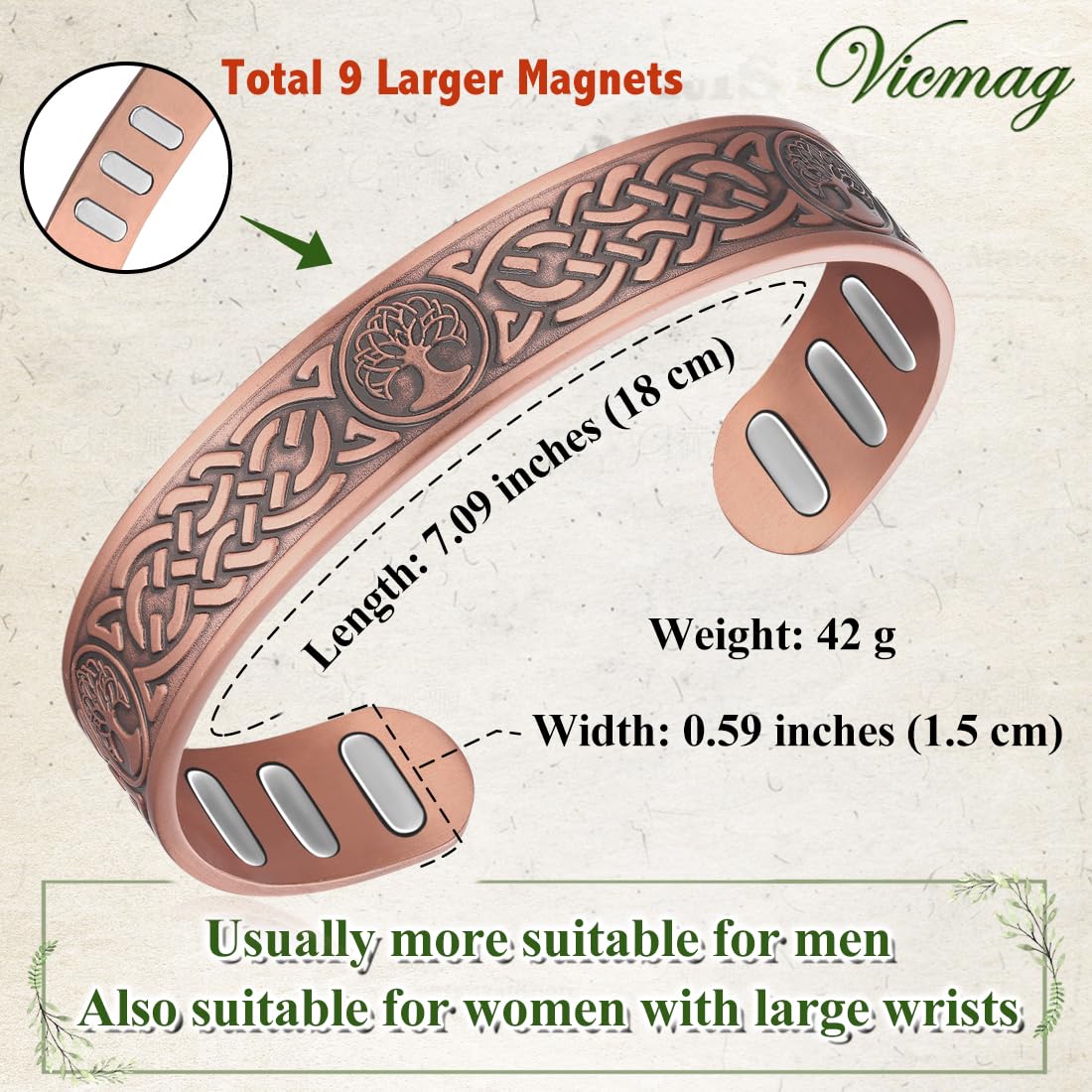 Vicmag Copper Bracelet for Men 9X Strength Magnetic 99% Pure Copper with 5000 Gauss Magnets, Tree of Life Present Box Adjustable(Axe Tree)