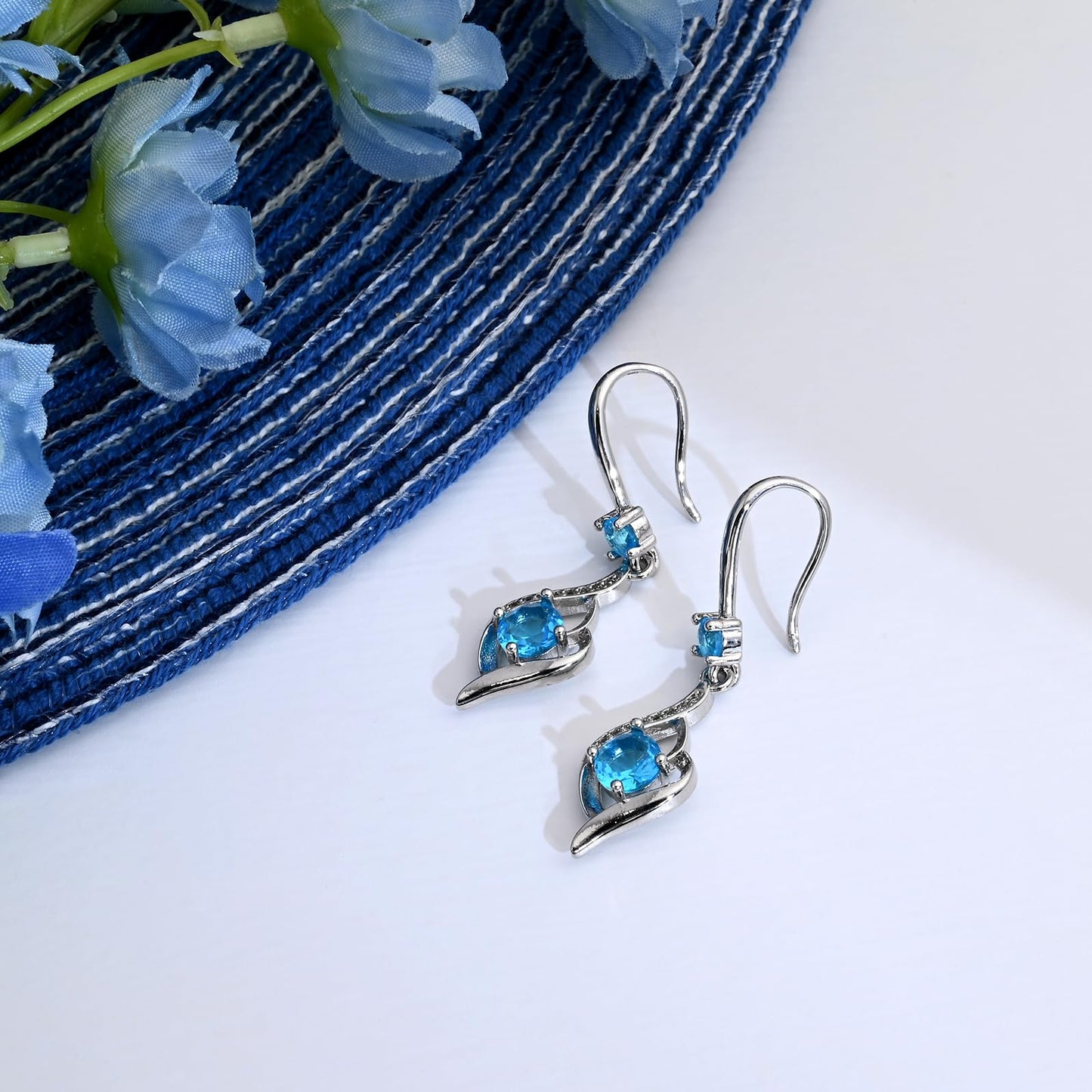 Heart Aquamarine Drop Dangle Earrings-925 Sterling Silver with Blue Crystals-Long Birthstone Jewellery for Women