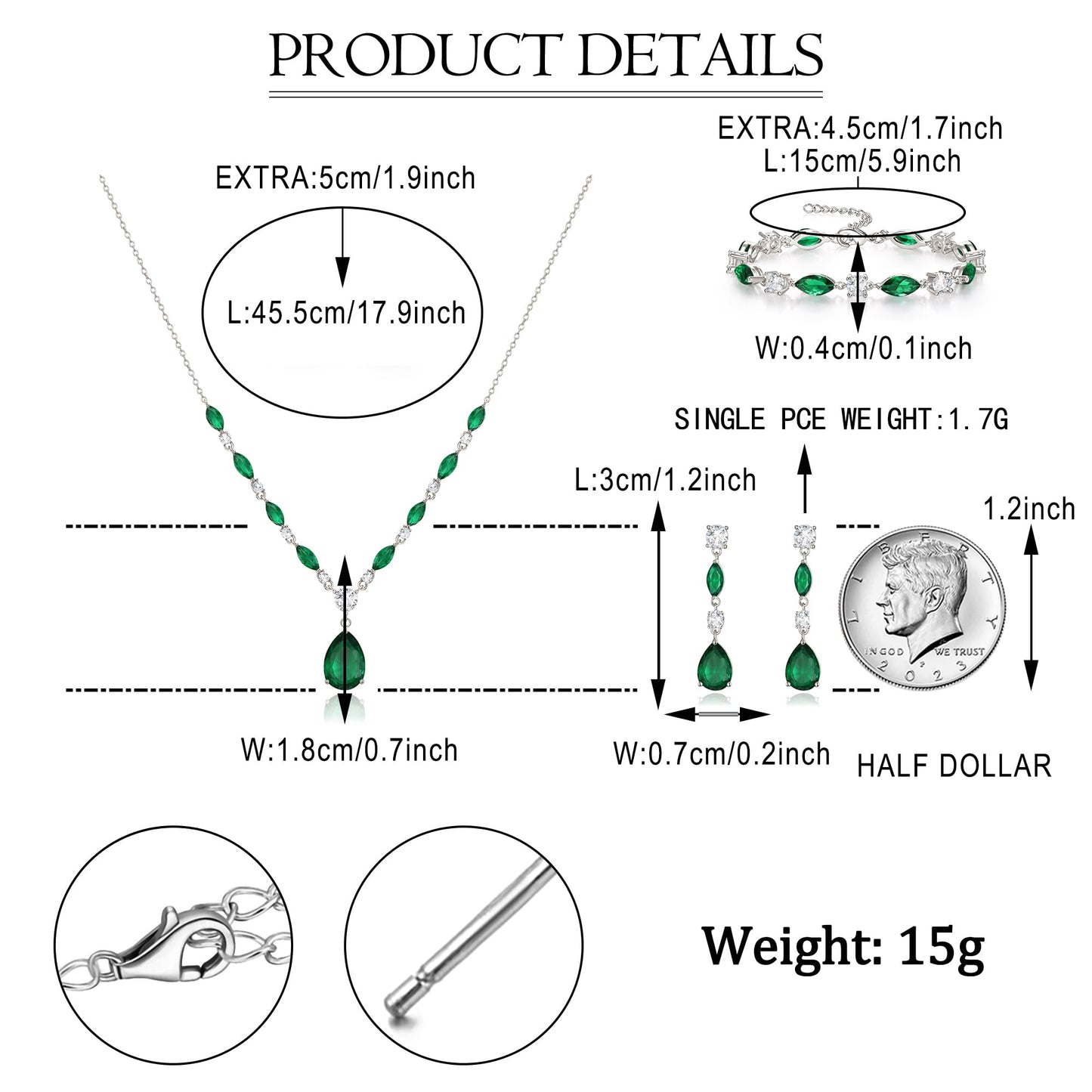 EVER FAITH Green Cubic Zirconia Costume Party Jewelry for Women, Sparkly CZ Birthstone Elegant Teardrop Wedding Necklace Dangle Earrings Bracelet Set for Bridesmaid