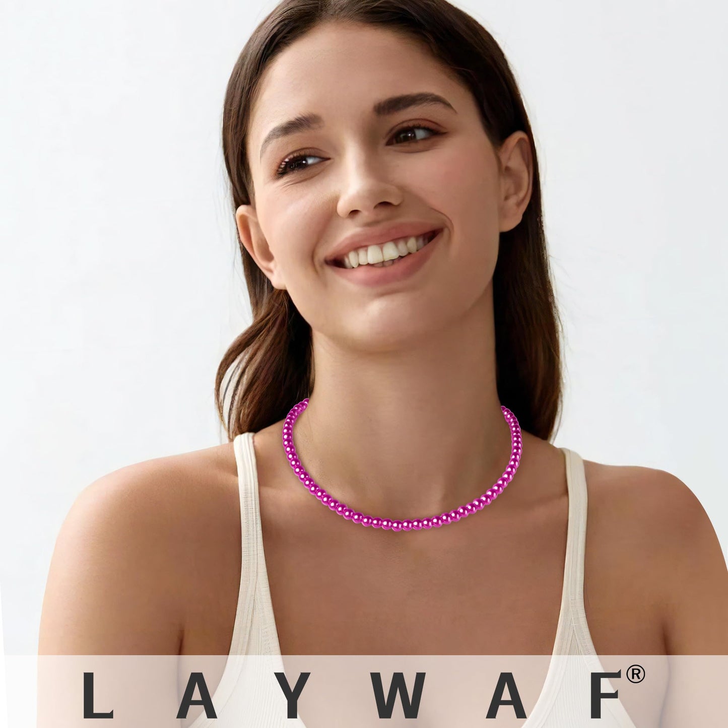 LAYWAF Fuchsia Imitation Pearl Necklaces for Women, Fake Pearl Choker 6MM Beaded Necklace, Costume Pearl Necklace, Hot Pink Faux Pearl Wedding Jewelry