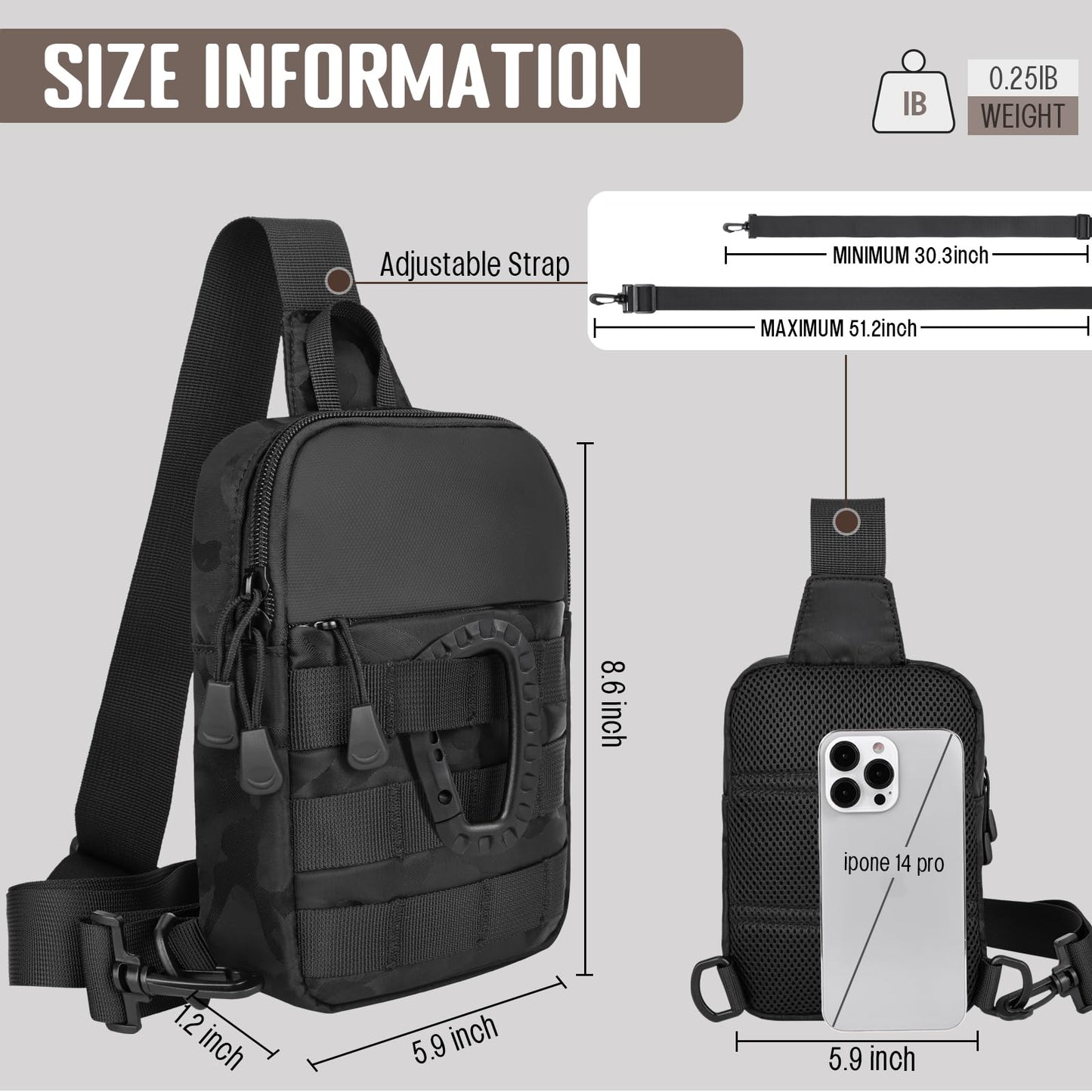 DEYACE Small Sling Bag for Men, Tactical Inspired Waterproof Utility EDC Mini Crossbody Chest Bag for Travel Work Sport (Black Camo)