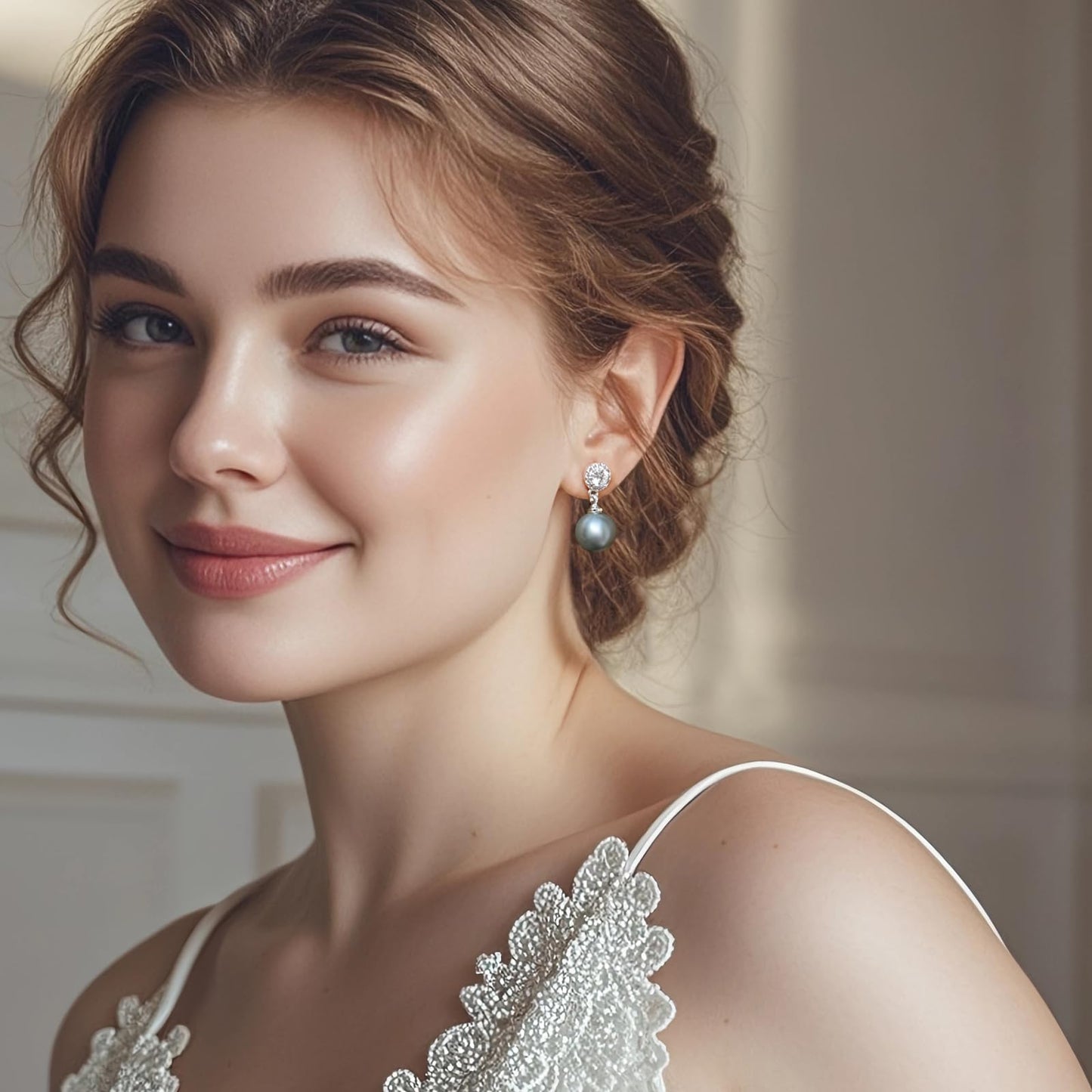 Elegant Imitation Diamond Pearl Drop Earrings Bride Bridesmiad Dangle Pearl Earrings for Women Wedding Party Everyday Wear (Grey)
