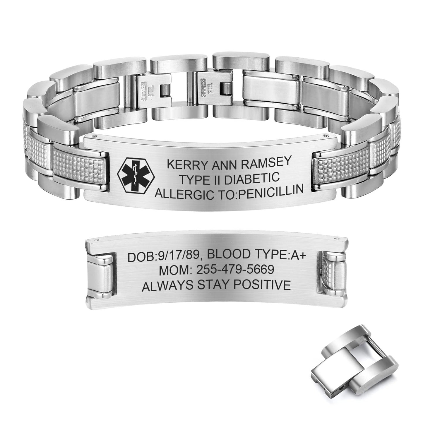 Free Custom Engraving Medical ID Bracelet Heavy Masculine Elaborate Men's Medical Alert Bracelet Wristband Jewelry for Dad Customizable & Waterproof,Silver