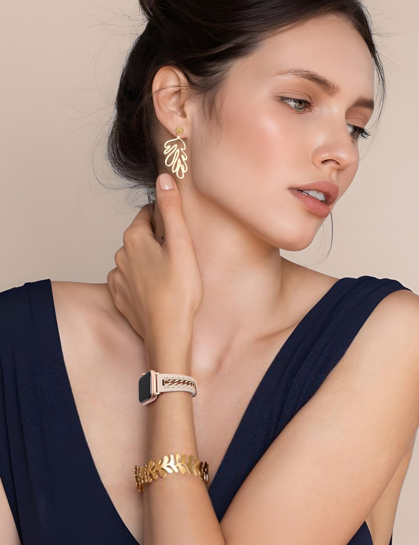 Minyee Leather Band Compatible with Apple Watch Bands 38/40/41/42/44/45/49mm Women,Dressy Designer Premium Leather Strap with Stainless Steel Metal Hollow-out Chain Bracelet for iWatch Ultra 2 Series