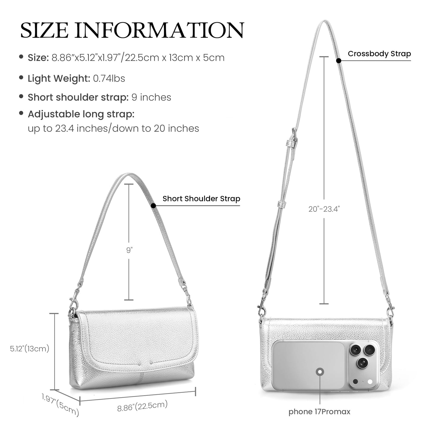 befen Genuine Leather Small Crossbody Bags for Women, Real Leather Purses with Built in RFID Wallet, Trendy Cell Phone Purse Shoulder Bag, Silver Travel Purse Handbags with Adjustable Strap