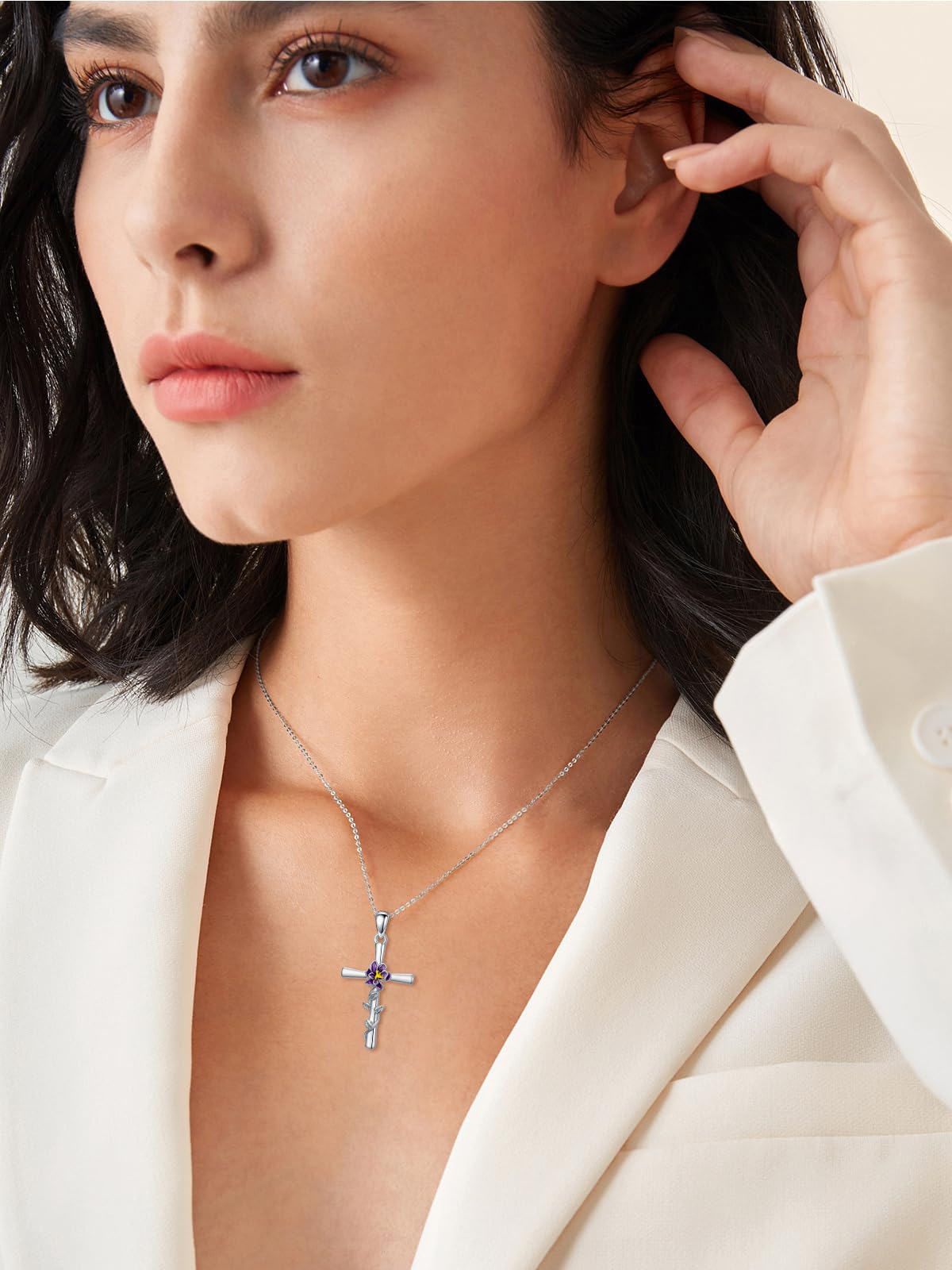 Cargari Violet Necklace for Women Sterling Silver Violet Cross Pendant Purple Flower Cross Necklace Birth Floral Jewelry Gifts for Women
