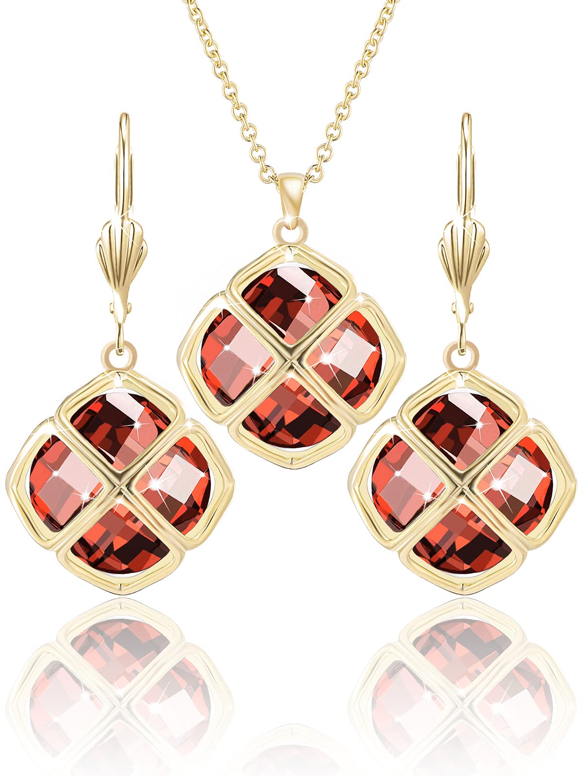 Qinpan 14MM Crystal Pendant Dangle Necklace Earrings Sets for Women Glod Plated Costume Jewelry, 38*17.8mm, Yellow Gold, Ruby
