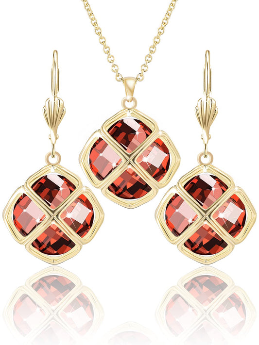 Qinpan 14MM Crystal Pendant Dangle Necklace Earrings Sets for Women Glod Plated Costume Jewelry, 38*17.8mm, Yellow Gold, Ruby
