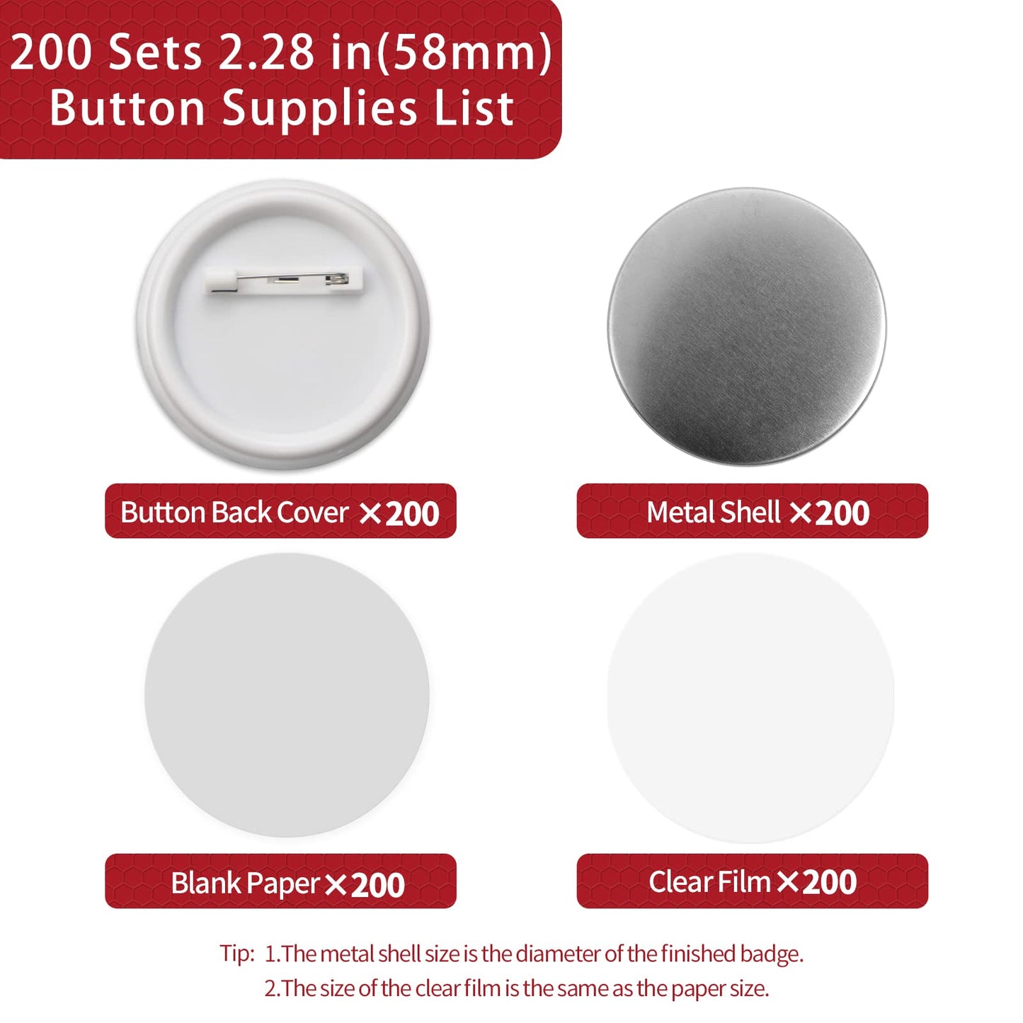 Onemorello 200 Sets Button Maker Supplies, 2.28 inch / 58mm Button Parts Buttons Supplies, Approx. 2.25 in Blank Badge Parts with Blank Paper for Buttons Maker Machine Pin Maker Press
