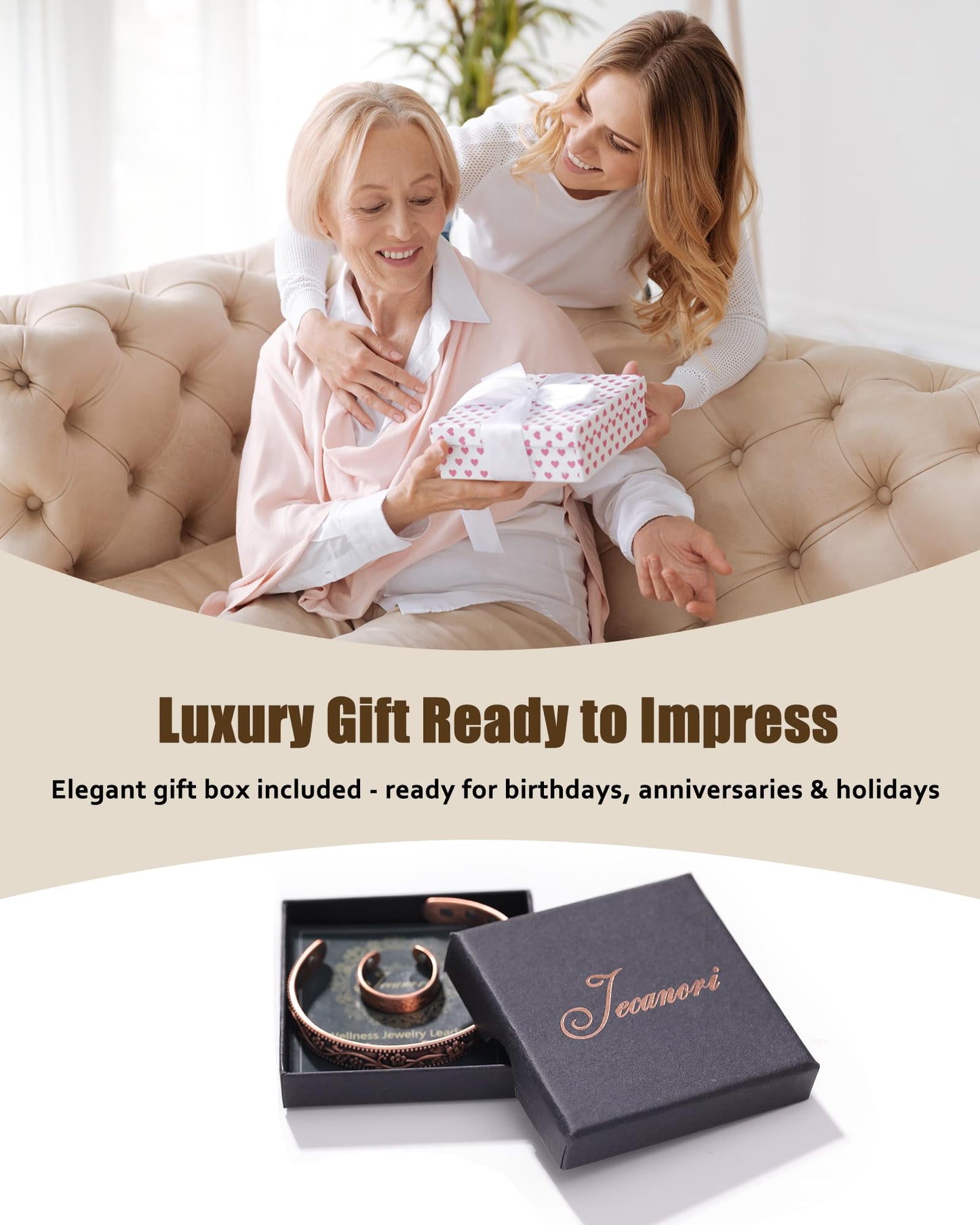 Jecanori Magnetic Copper Bracelet & Ring for Women, 3500 Gauss Lymph Detox, 99.99% Pure Copper Jewelry Gift