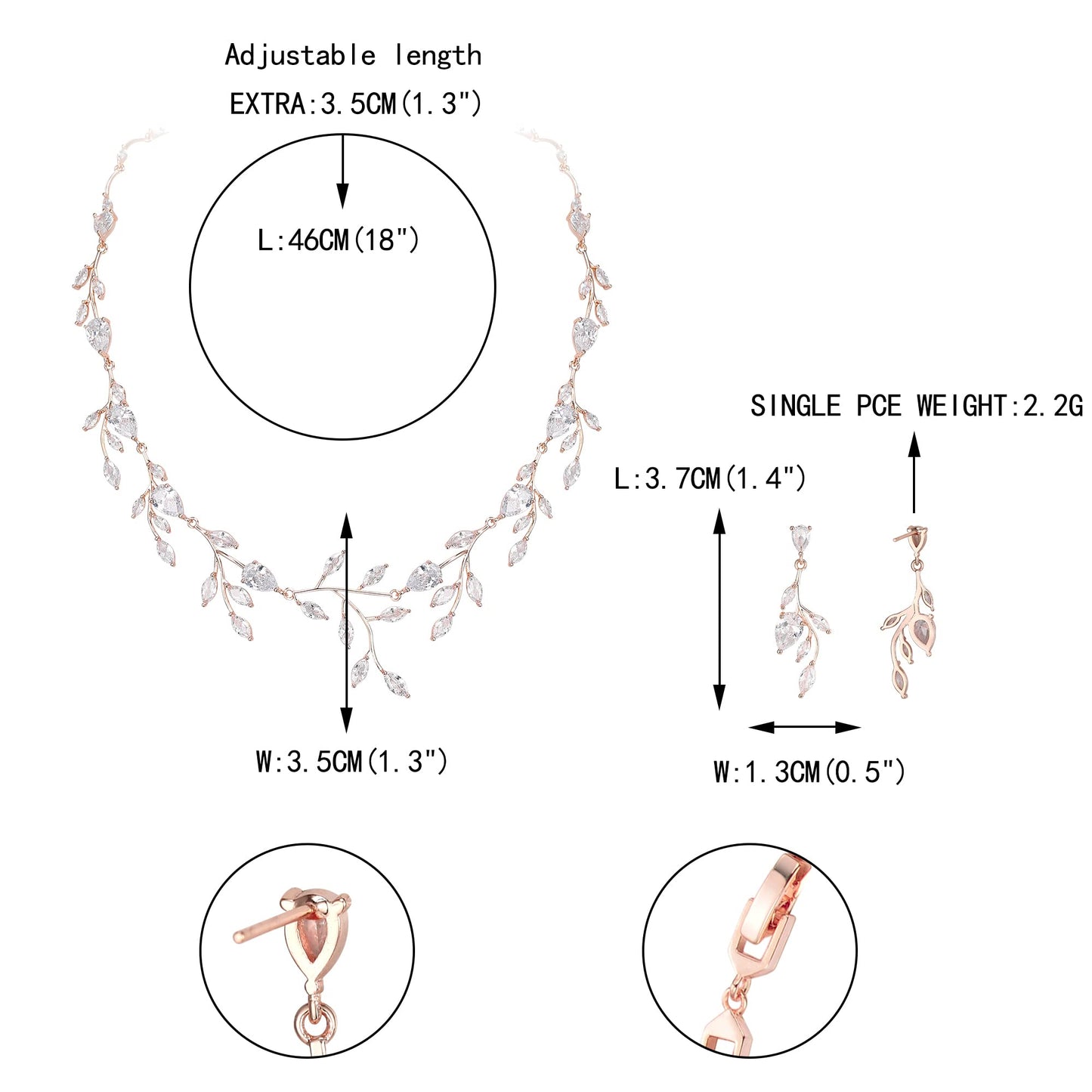 EVER FAITH Wedding Jewelry for Bride Women Bridesmaid, Sparkly White Cubic Zirconia Pear-Shaped Birthstone Leaf Necklace Earrings Set for Prom Rose Gold-Plated-Brass