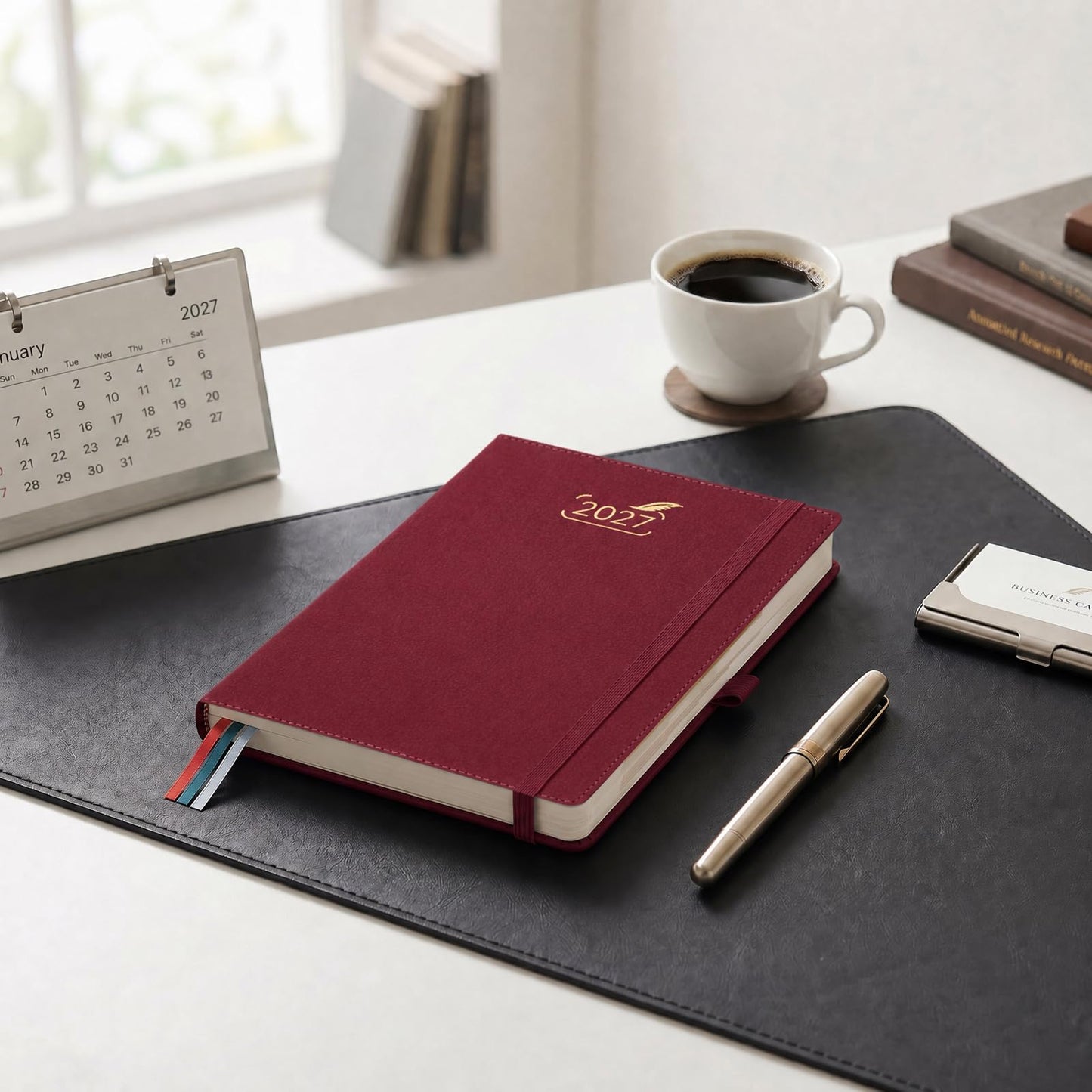 BEZEND 2027 Daily Planner (6" x 8.5") Full Page Per Day & Equal Weekends - Dual Column Schedule with Note Section & Monthly Tabs (Jan-Dec) PU Vegan Leather Hardcover, Work Life Balance - Burgundy