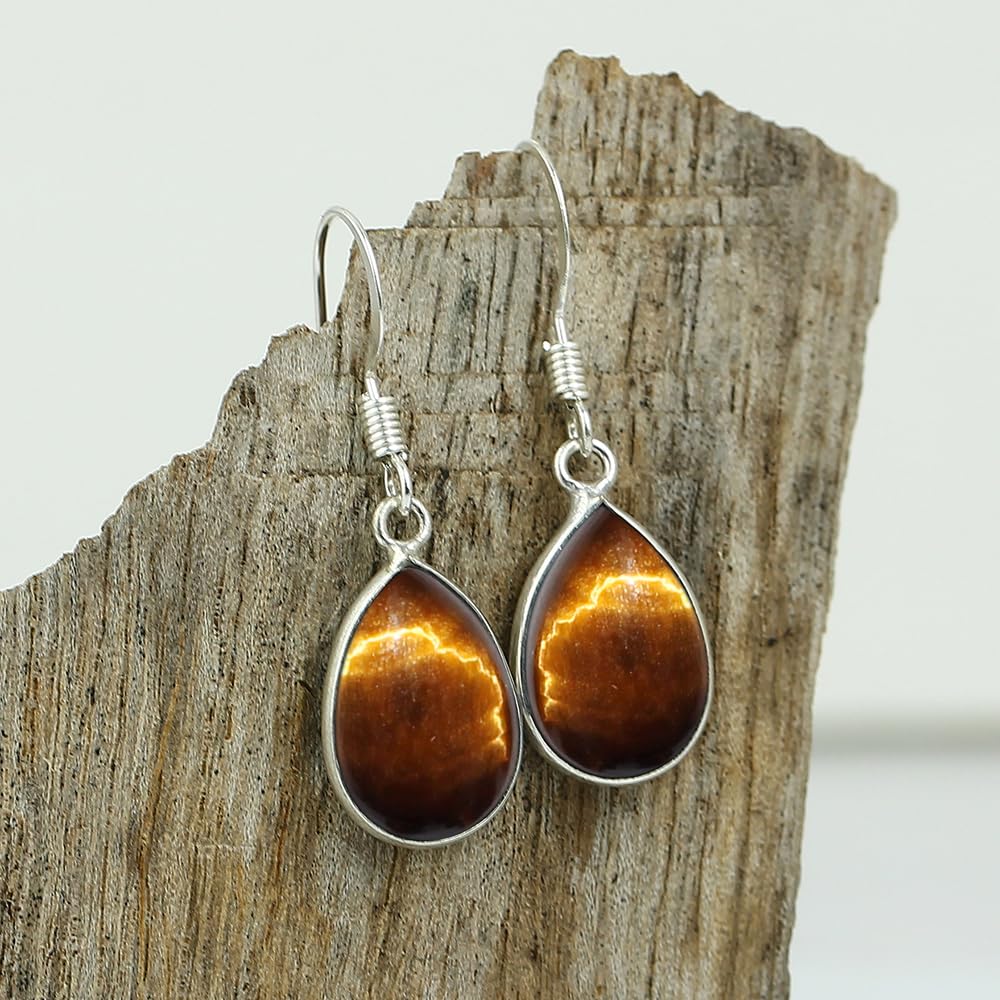Natural Tiger Eye Sterling Silver Plated Dangle Earrings for Women - Brown Gemstone June Birthstone Teardrop Shape Dangle & Drop Handmade Earrings Jewelry - Gifts for Her