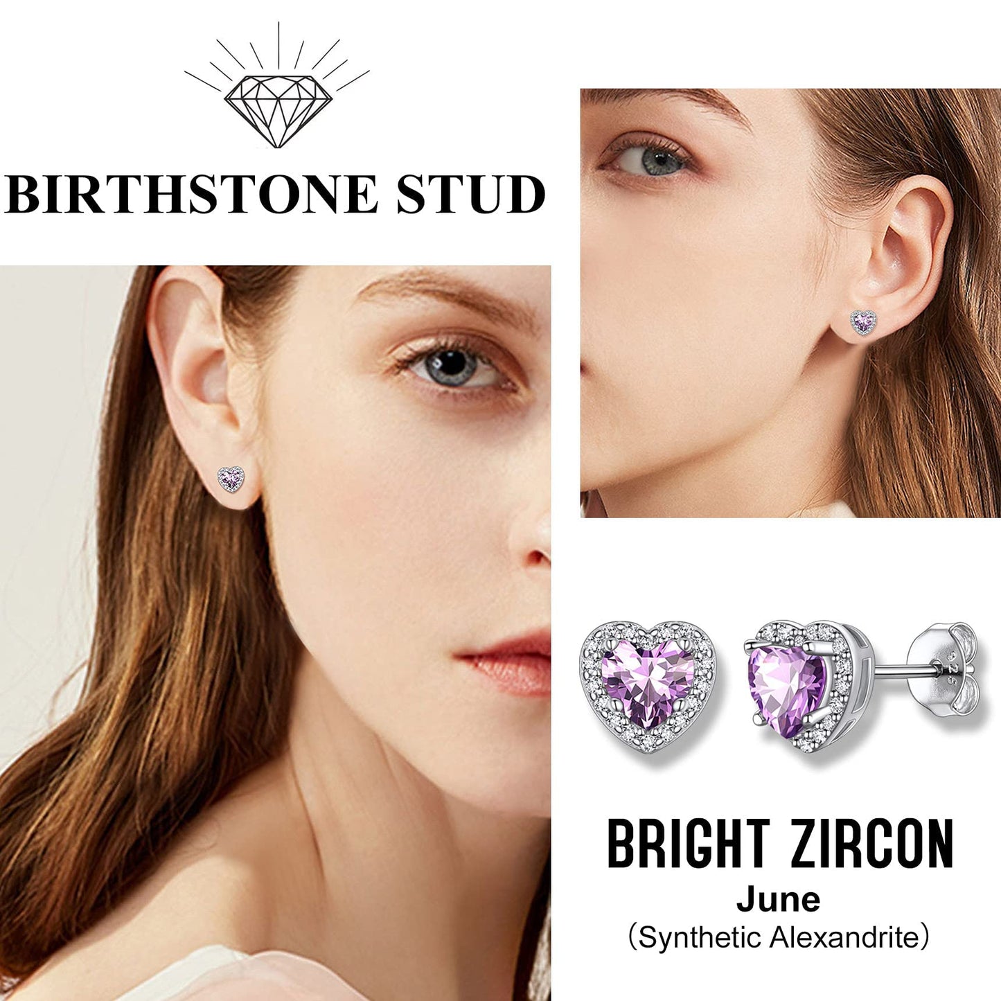 Bestyle Flattering June Alexandrite Heart Birthstone Earrings for Women Dainty Hypoallergenic Silver Earrings for Women Cute Purple Heart Studs