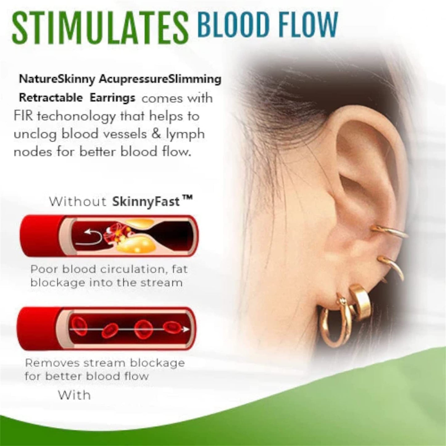 5 Pairs Nature Skinny Acupressure Slimming Retractable Earrings Non Piercing Acupressure Slimming Earrings Lymph Germanium Earrings for Women and Men