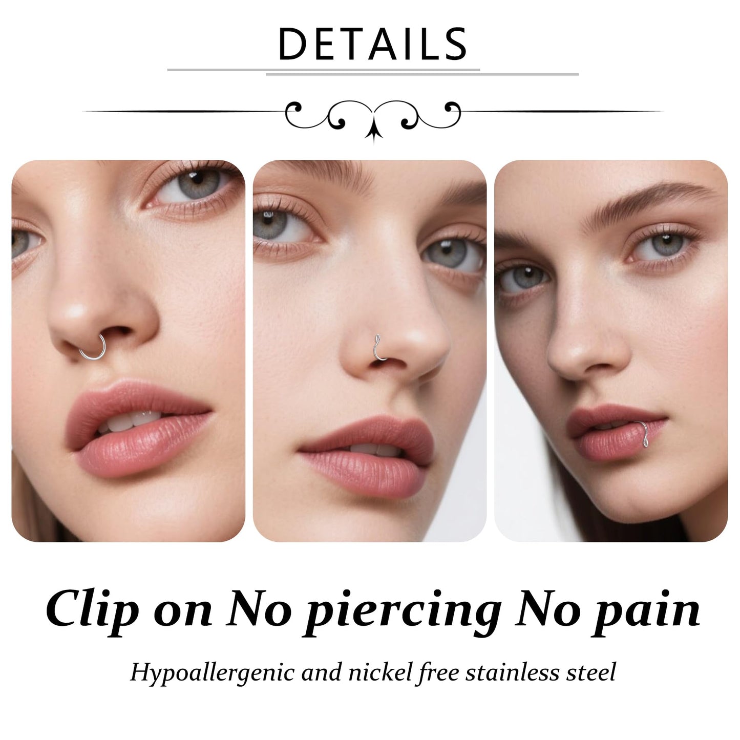 D.Bella Stainless Steel Hoop Earring, 20g Faux Septum Nose Ring, 8mm Non-Pierced Clip, Fashion Fake Piercing Jewelry for Women Men