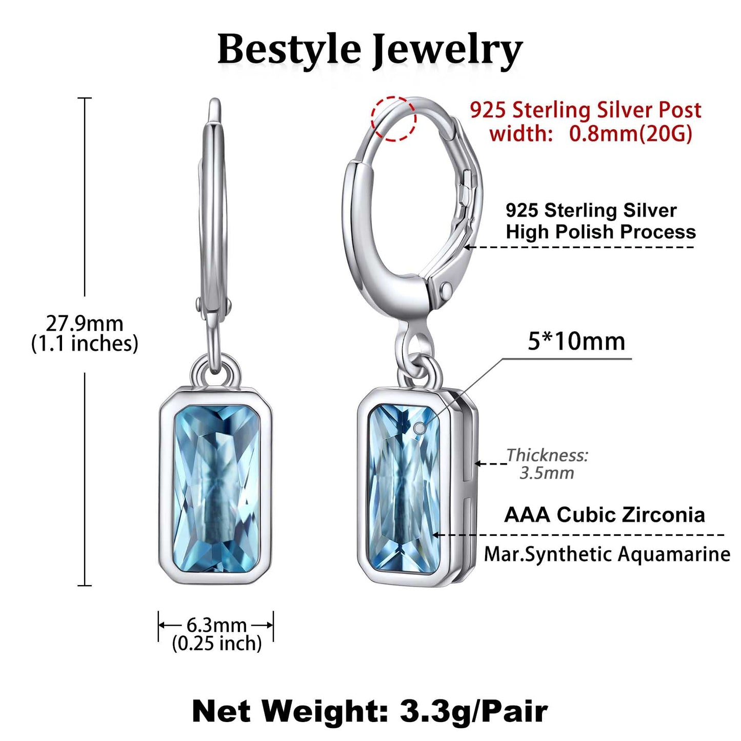 Bestyle Silver March Birthstone Hoop Dangle Earrings - Created Rectangle Aquamarine Crystal Drop Blue Earrings - Trendy Cute Women's Small Hoop CZ Dangle Earrings for Party Gowns