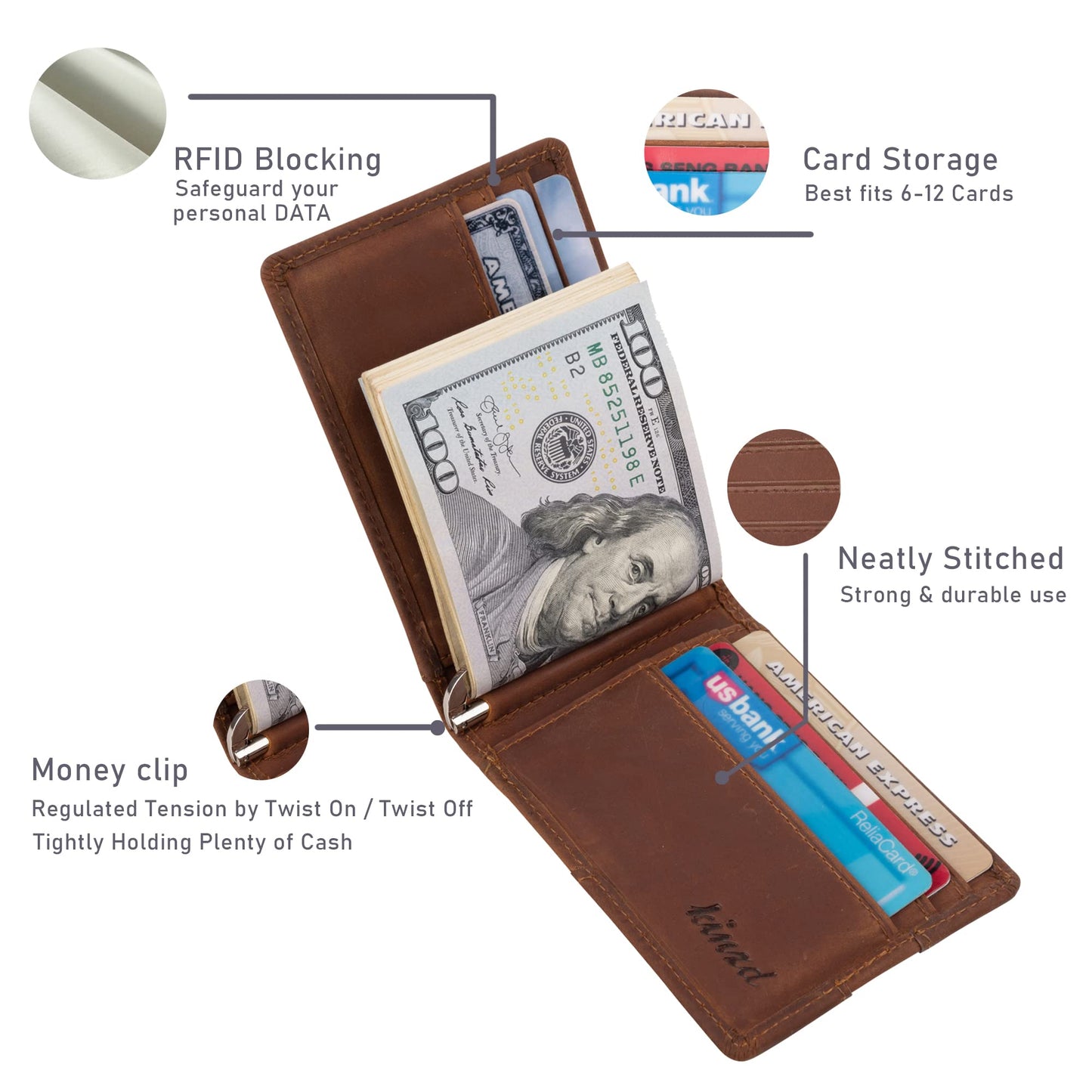 kinzd Slim Wallet with Money Clip RFID Blocking Minimalist Bifold Wallet for Men Genuine Leather Front Pocket Card Holder
