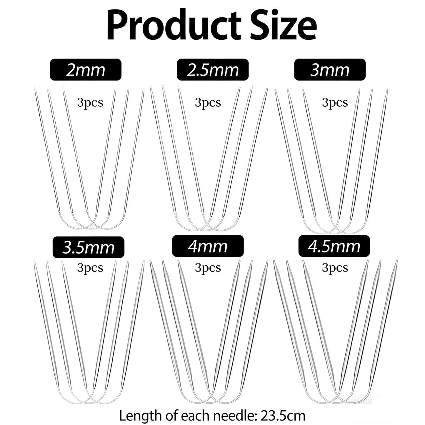 18 Pcs Stainless Steel Circular Knitting Needles Set, Crazy Trio Style Sock Knitting Needles for Hats & Gloves, Sizes 2–4.5 mm, Complete Crochet & Knitting Set for Beginners
