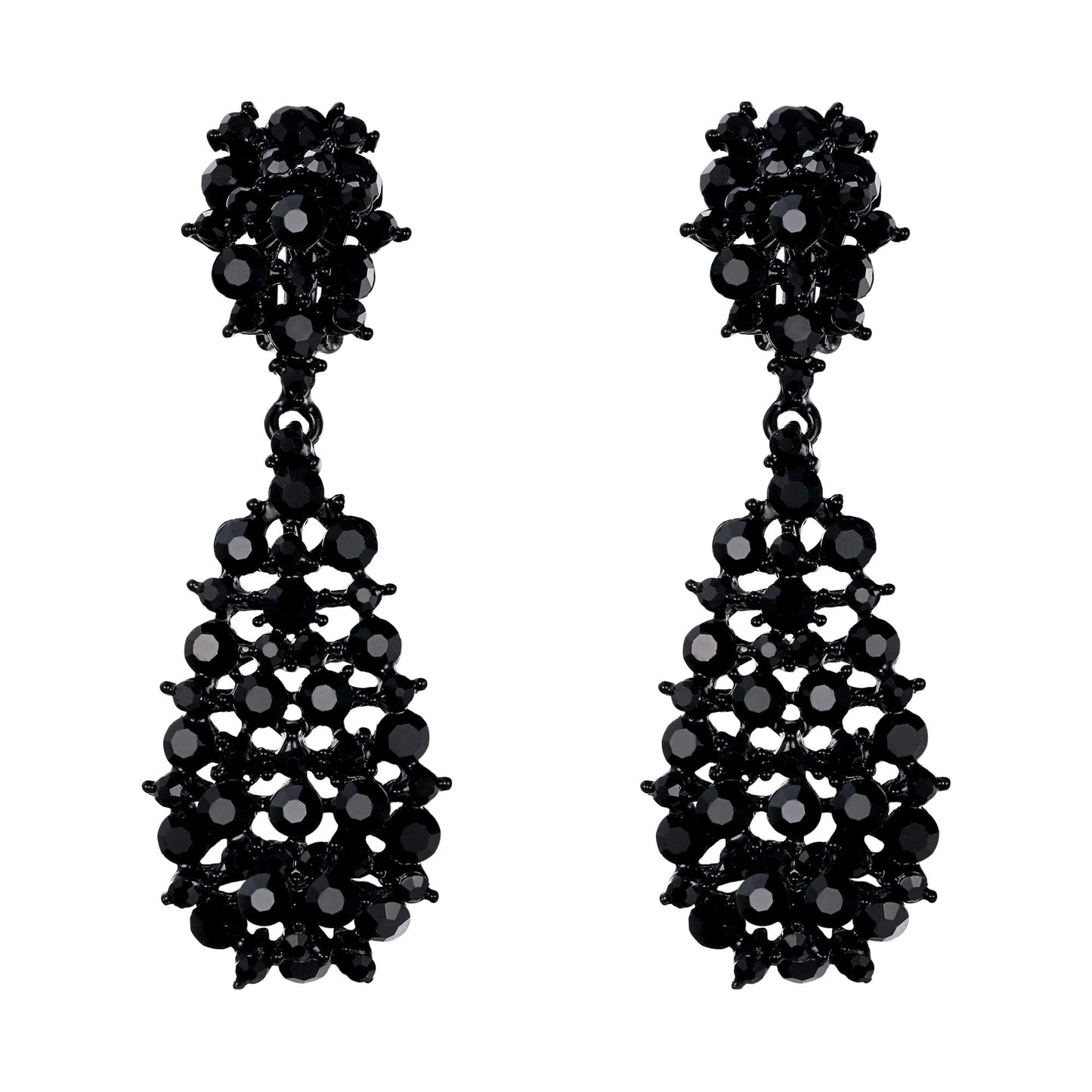 EVER FAITH Women's Costume Jewelry Black Crystal Art Deco Hollow Waterdrop Dangle Clip-on Earrings Black-Tone