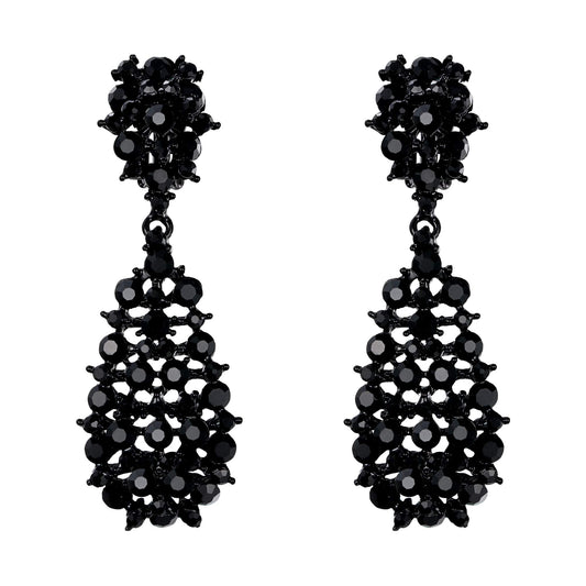 EVER FAITH Women's Costume Jewelry Black Crystal Art Deco Hollow Waterdrop Dangle Clip-on Earrings Black-Tone