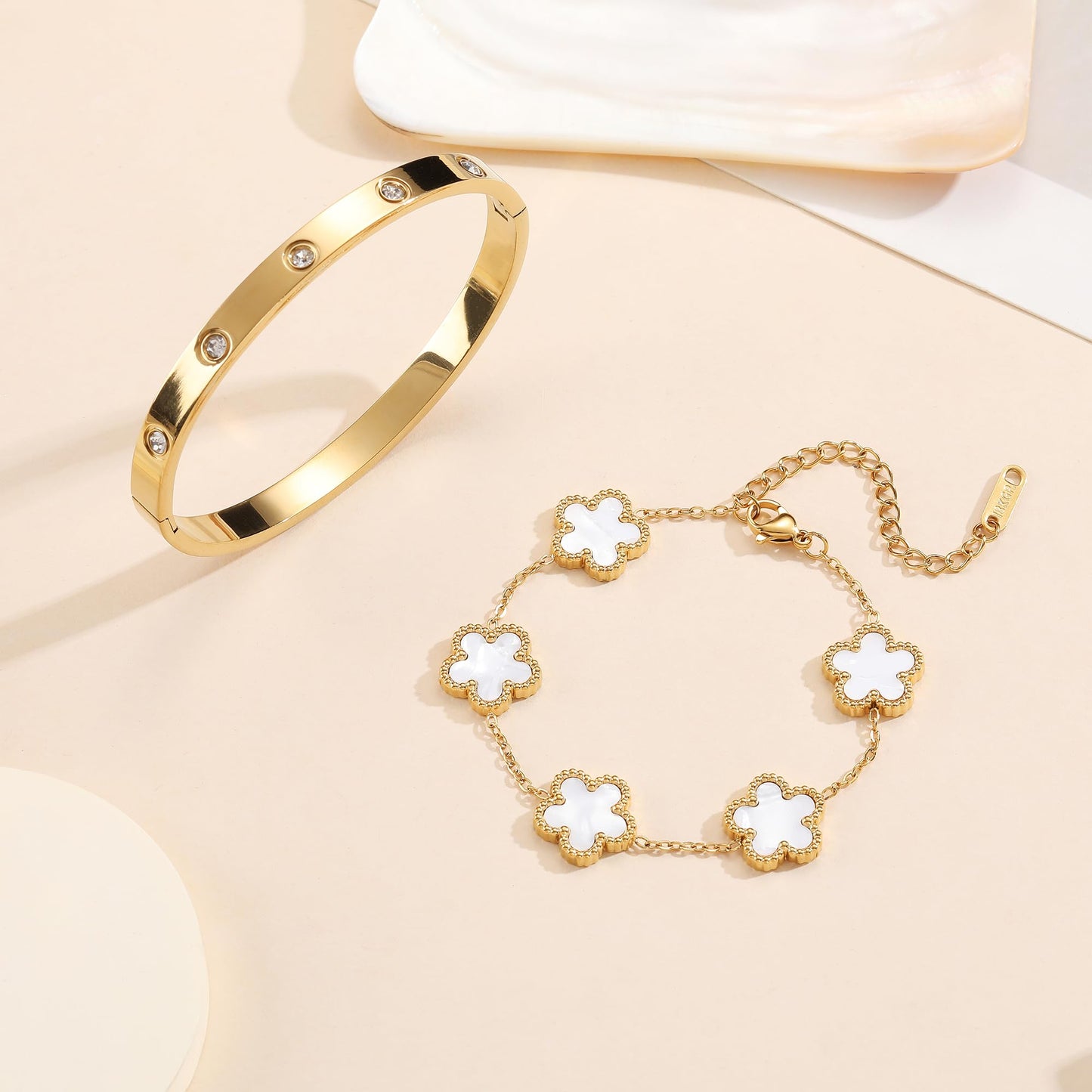 FUNIO 18K Gold Plated Van cleef Clover Bracelet Love bangle Set for Women - White Stack Friendship Bracelet Lucky Link Bracelets Jewelry Gifts Trendy for Women