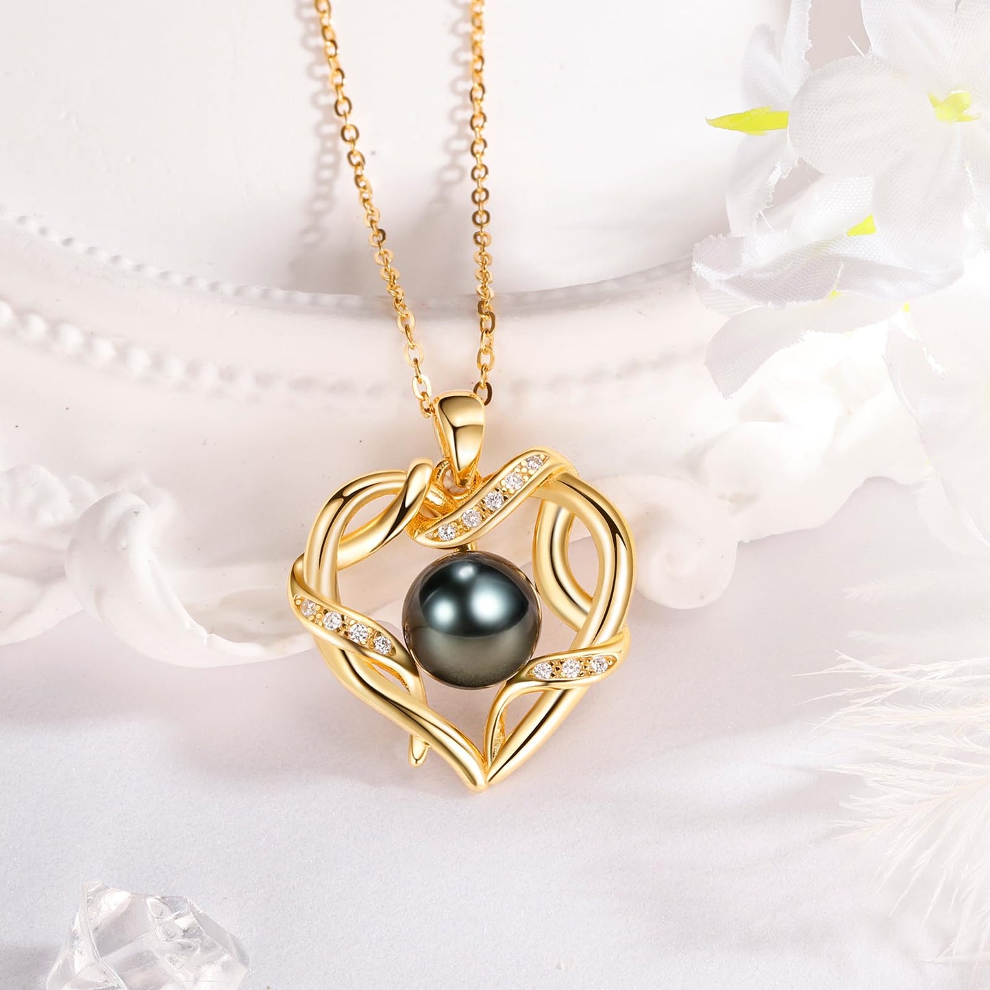 NONNYL Jewelry for Women Wedding Anniversary Birthday Gifts for Women Wife - Tahitian Black Pearl- Heart Necklace- Wife Mom Girlfriend Her Anniversary Birthday- Christmas Mothers Day Valentine Jewelry Gifts