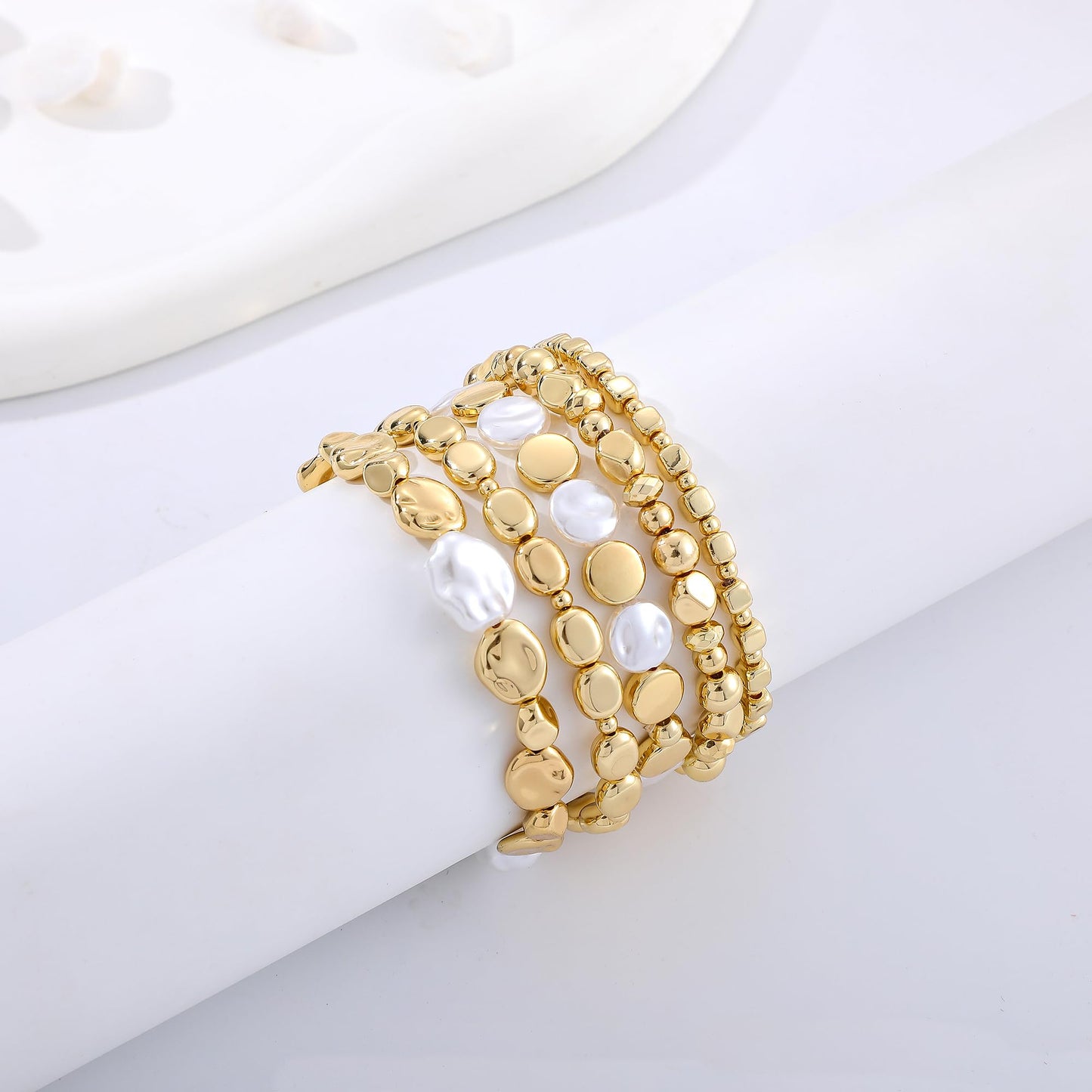 Sajidos Gold Plated Beaded Bracelets for Women Trendy, 14K Gold Plated Stack Cross Pearl Gold Plated Bead Stretch Bracelets Set Elastic Hypoallergenic Bracelets Jewelry Gifts (style19-2)