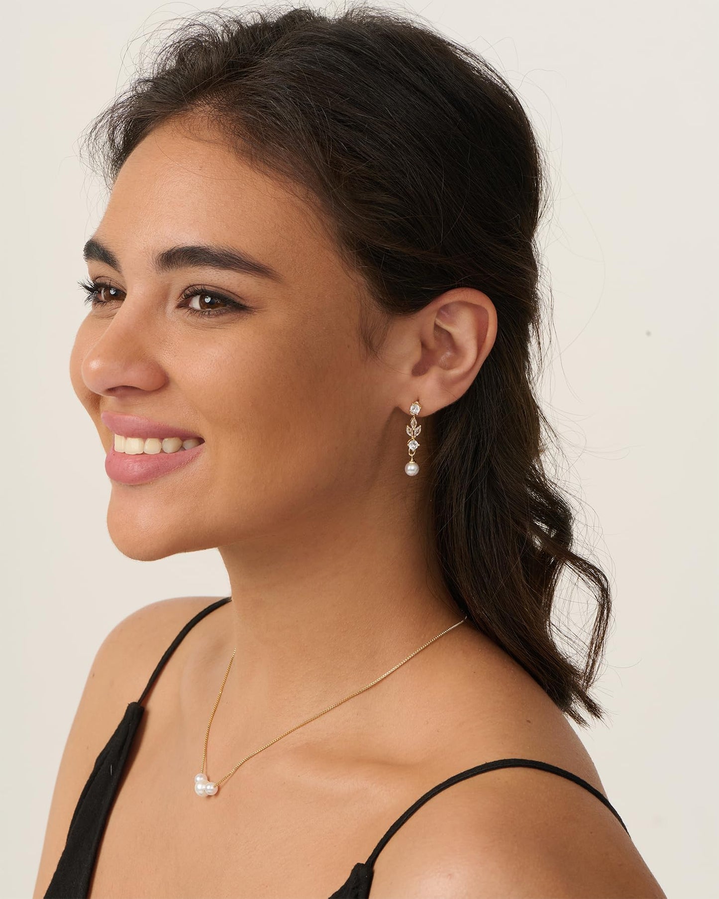 PRTGL Pearl Earrings: 14k Rose Gold Plated Cubic Zirconia Accented Pearl Dangle Wedding Engagement Earrings For Women Bridal Bridesmaid (Leaf Designed)