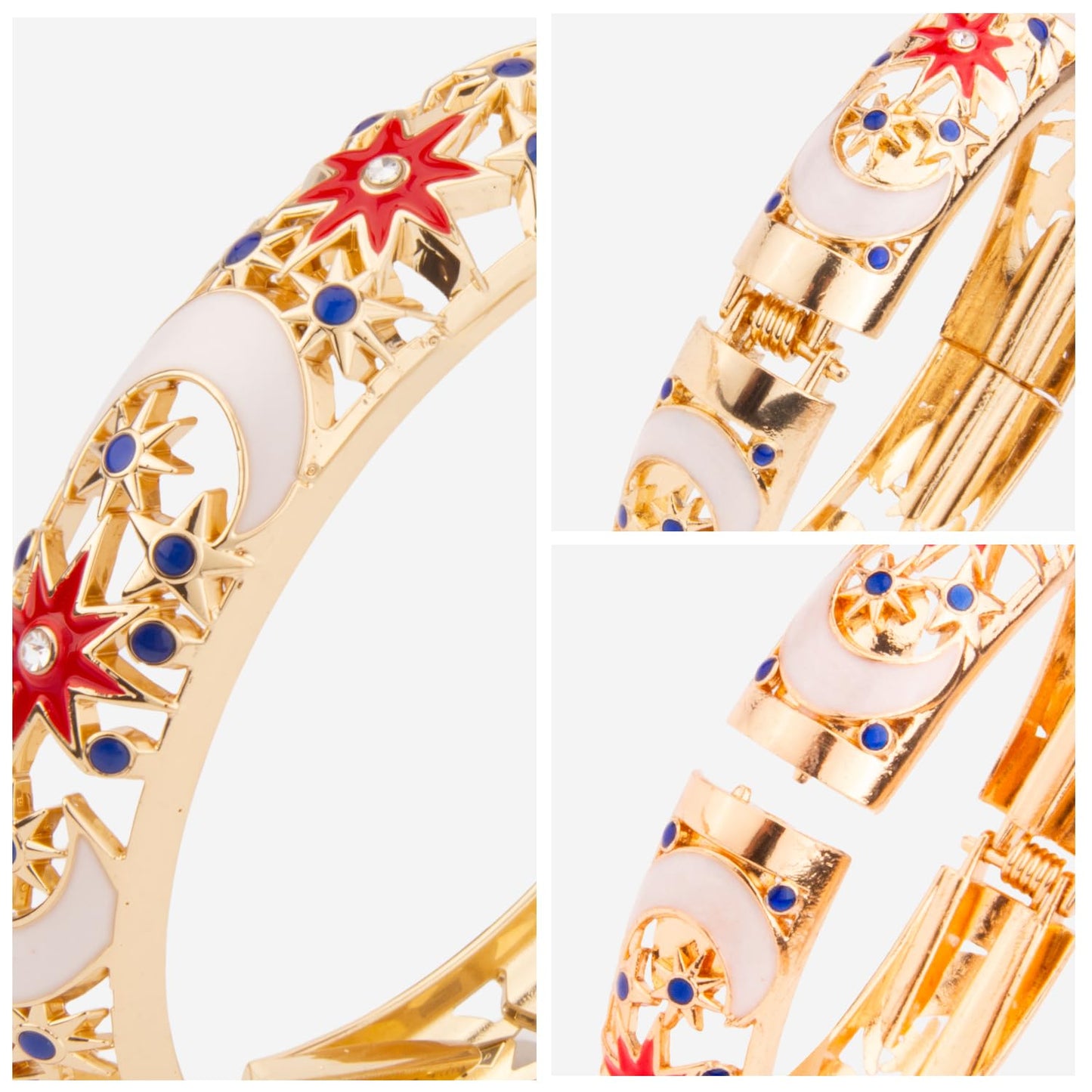UJOY Colorful Cloisonne Bracelet Jewelry Enamel Moon Star Handcraft Gold Spring Hinge Birthday Vacation Party Gifts Womens Bangles 247146 White