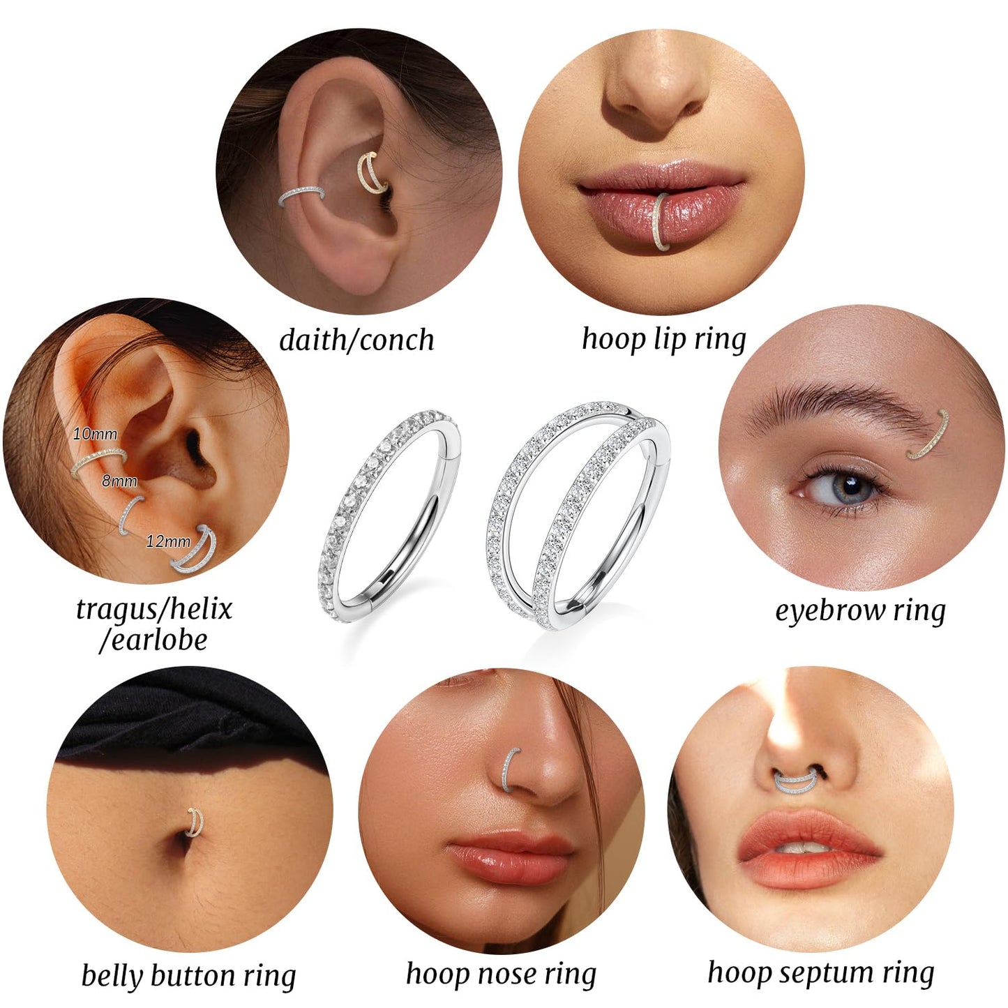 Conch Piercing Jewelry Silver Hoop Earrings 16g Nose Hoop with CZ Double Hoop 12mm Septum Jewelry Surgical Steel Septum Ring Septum Clicker Lip Rings Helix Earring Conch Piercing Cartilage Earring