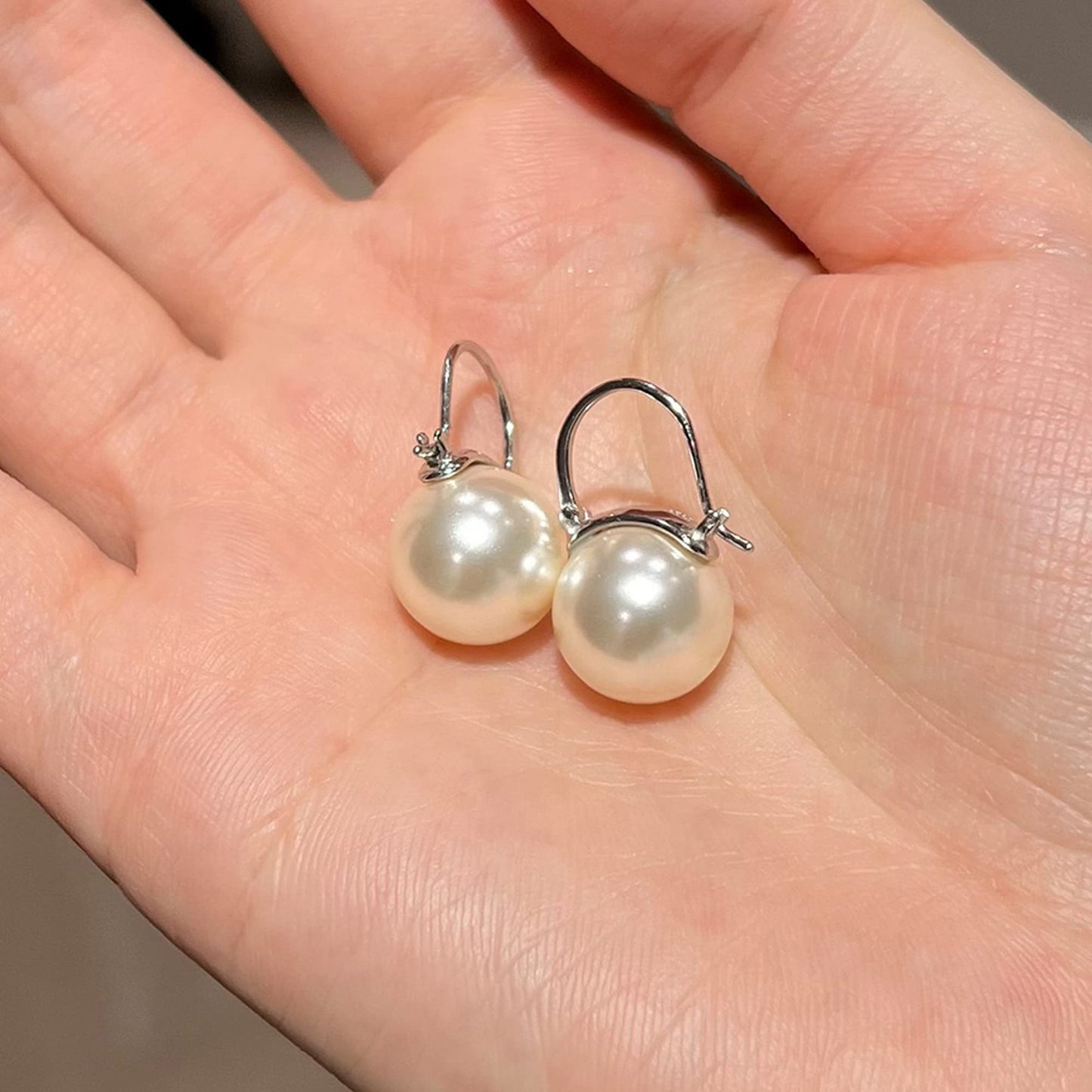OwMell Elegant 925 Sterling Silver Pearl Drop Earrings Dangle Stud Gold Plated Earrings for Women Large Size 12mm - Silver