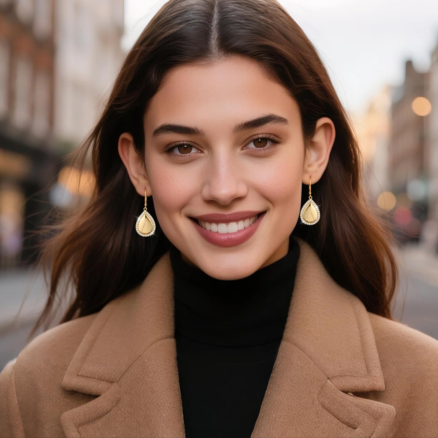 Waterdrop Gold Dangle Earrings for Women, LANCHARMED 14K Goldplated Large Waterdrop Earring with Cubic Zirconia Teardrop Dangle Gold Leverback Earrings for Women Trendy Statement Jewelry