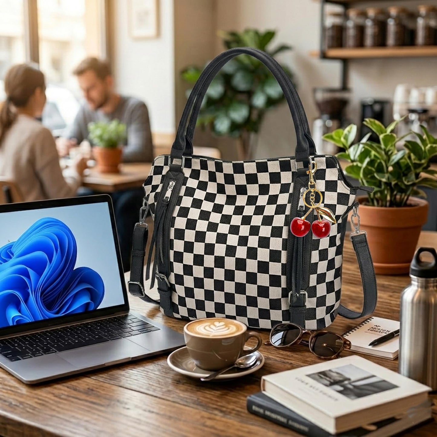 Checkered Crossbody Bag, Checkered Purse, Large Capacity Shoulder Bag, Handbag with Wallet and Cherry Charm