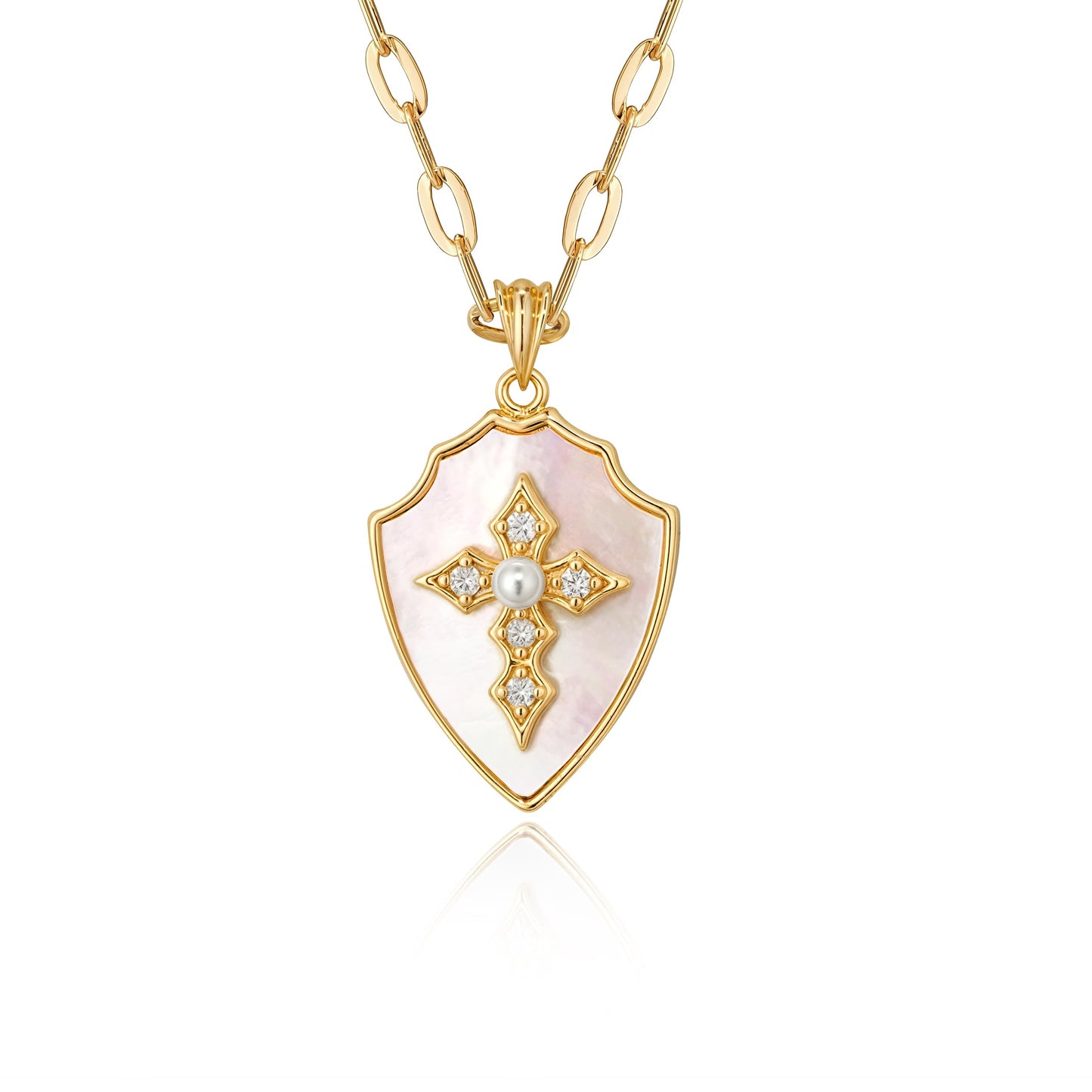 Fettero Dainty Mother of Pearl Necklaces for Women, 14K Gold Plated Necklace Shield Armor of God Pendant Cross Faith Necklace Jewelry for Protection Gift