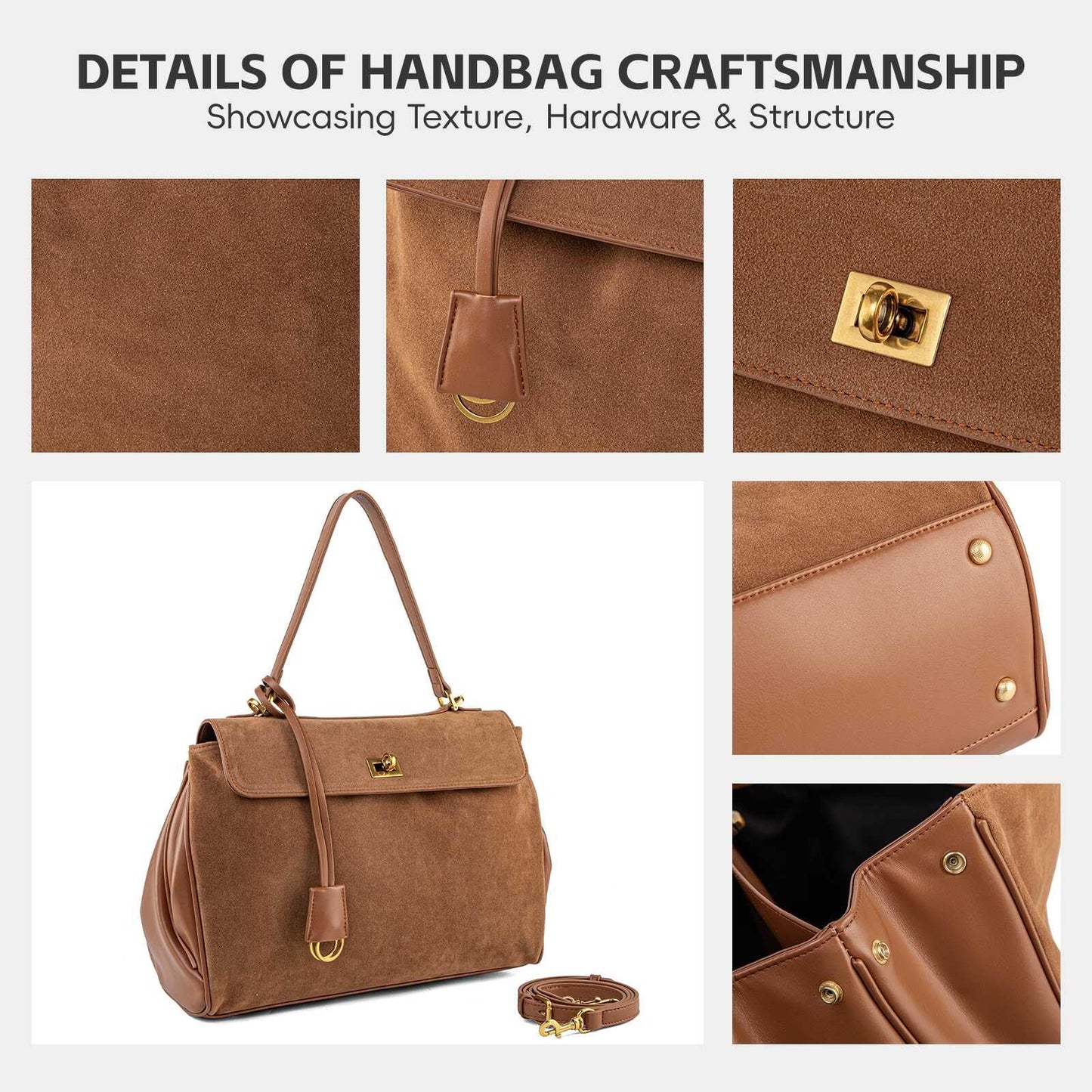 NGGU Suede & Leather Tote Bag for Women,Soft Leather Shoulder Handbags for Ladies,Satchel Purse for Travel Work & Medium & Brown Suede & Gold Clasp