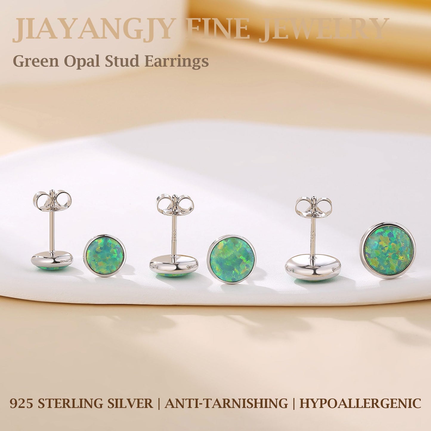 JiayangJY Silver Green Fire Opal Stud Earrings for Women Sterling Silver Round Shape 8mm Opal Earrings with Push Back