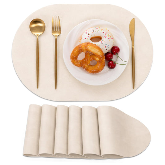 SHACOS Faux Leather Oval Placemats Set of 6 Waterproof Heat Resistant Washable Wipeable Place Mats Solid Table Mats for Kitchen Dining Room Decor, White Oak Beige