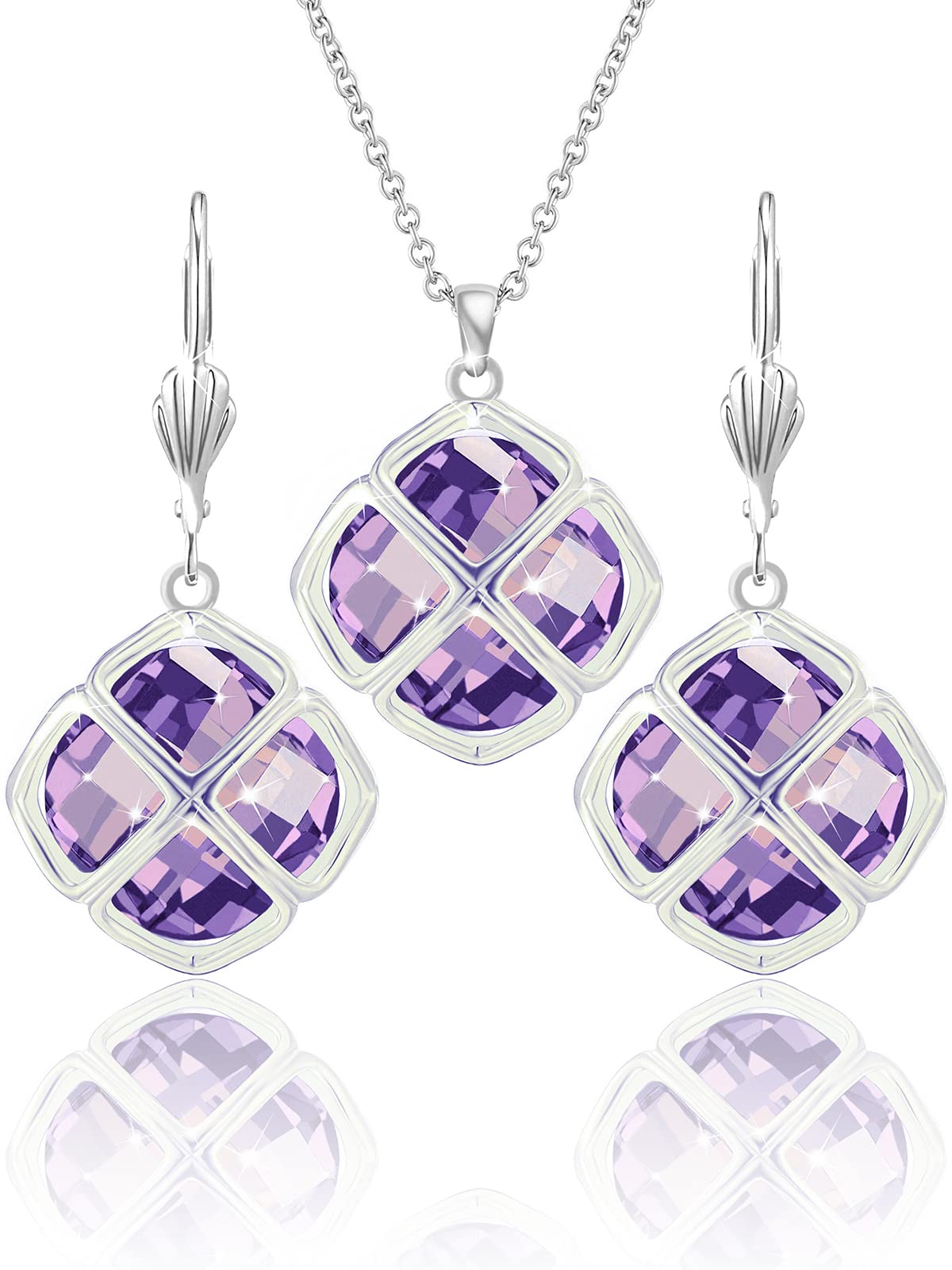Qinpan 14MM Crystal Pendant Dangle Necklace Earrings Sets for Women Glod Plated Costume Jewelry, 38*17.8mm, Platinum, Cubic Zirconia